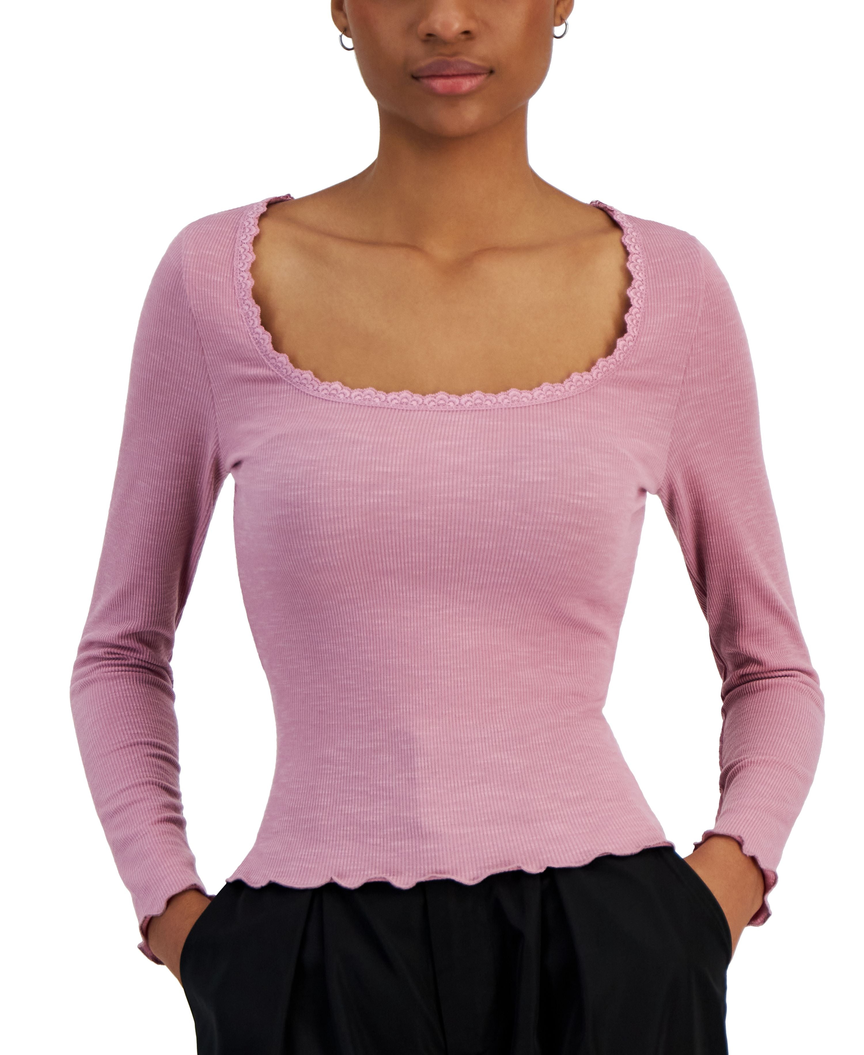 Juniors' Lace-Trime Square-Neck Long-Sleeve Premium Top