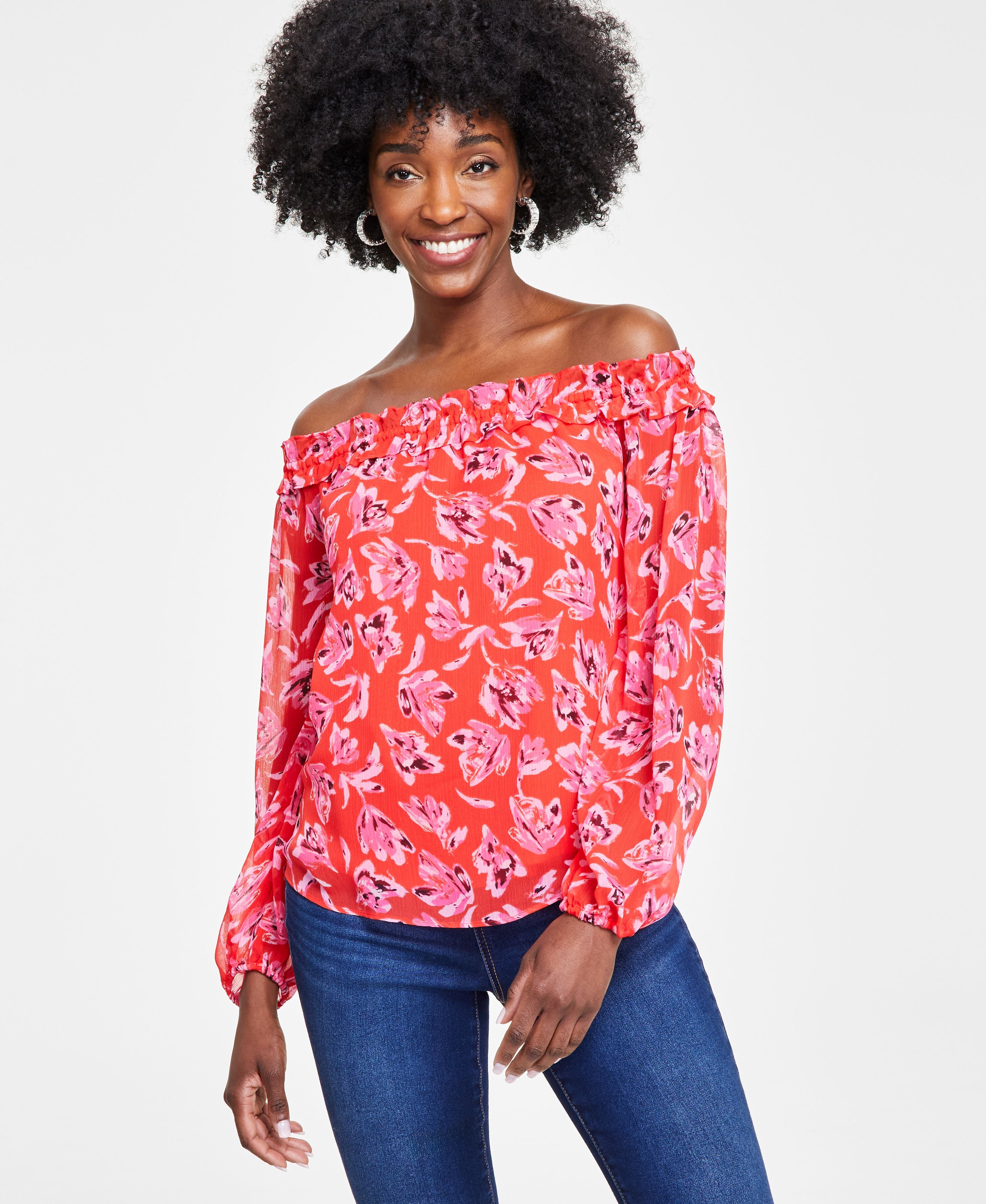 Petite Off-The-Shoulder Printed Signature Blouse