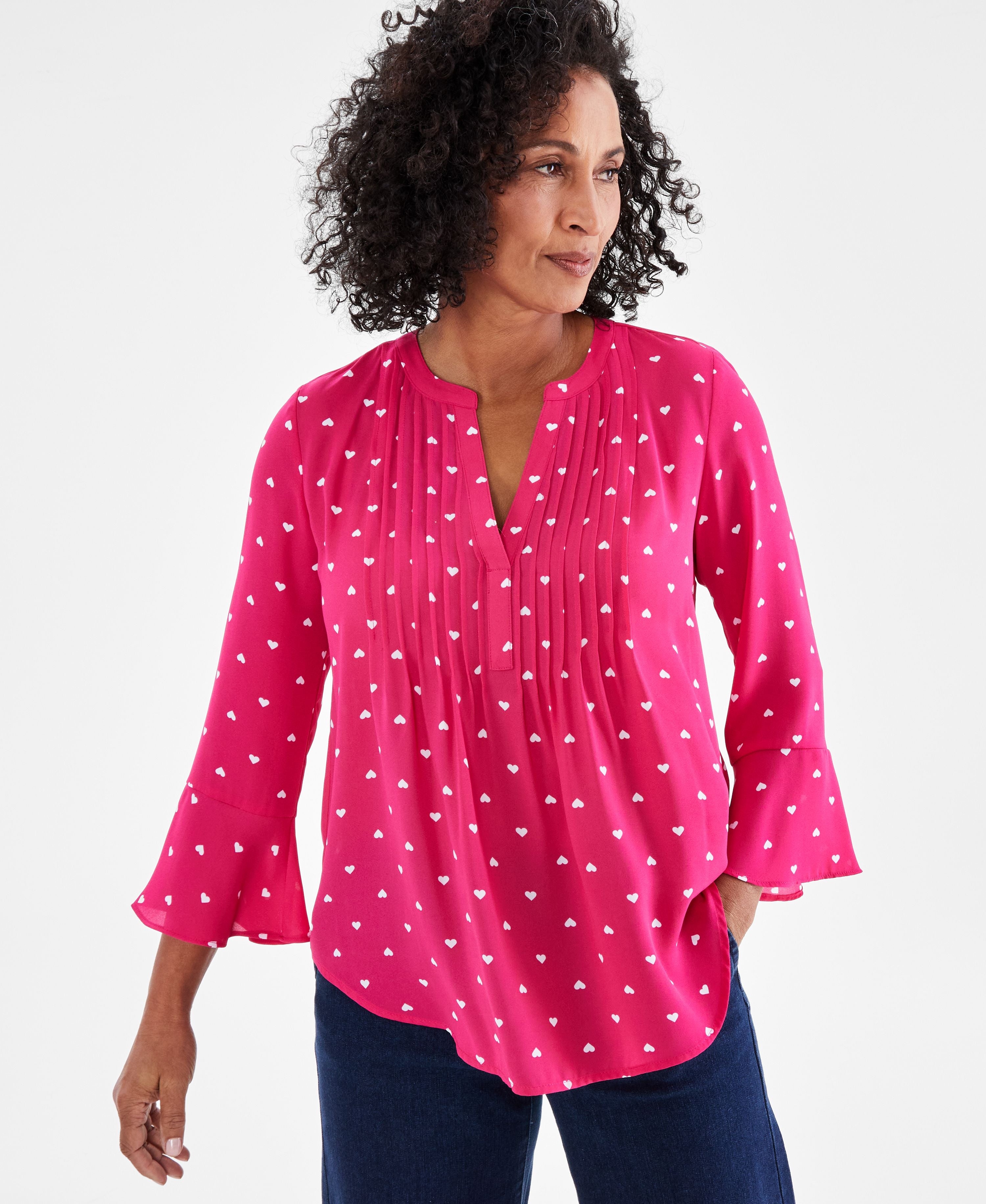 Women's Printed Pintuck Ruffle-Sleeve Premium Top, Regular & Petite