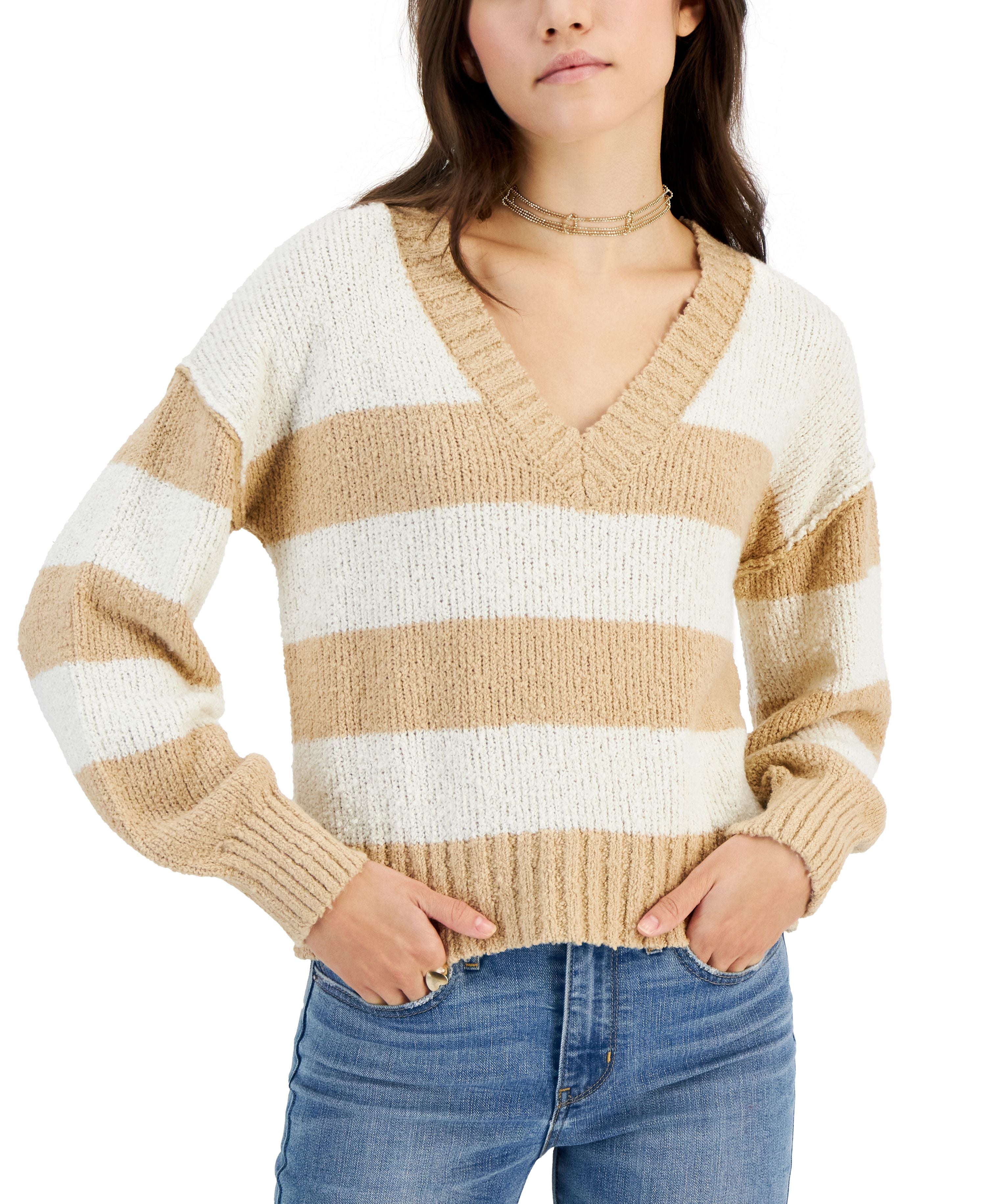 Juniors' V-Neck Boucle Striped Sweater