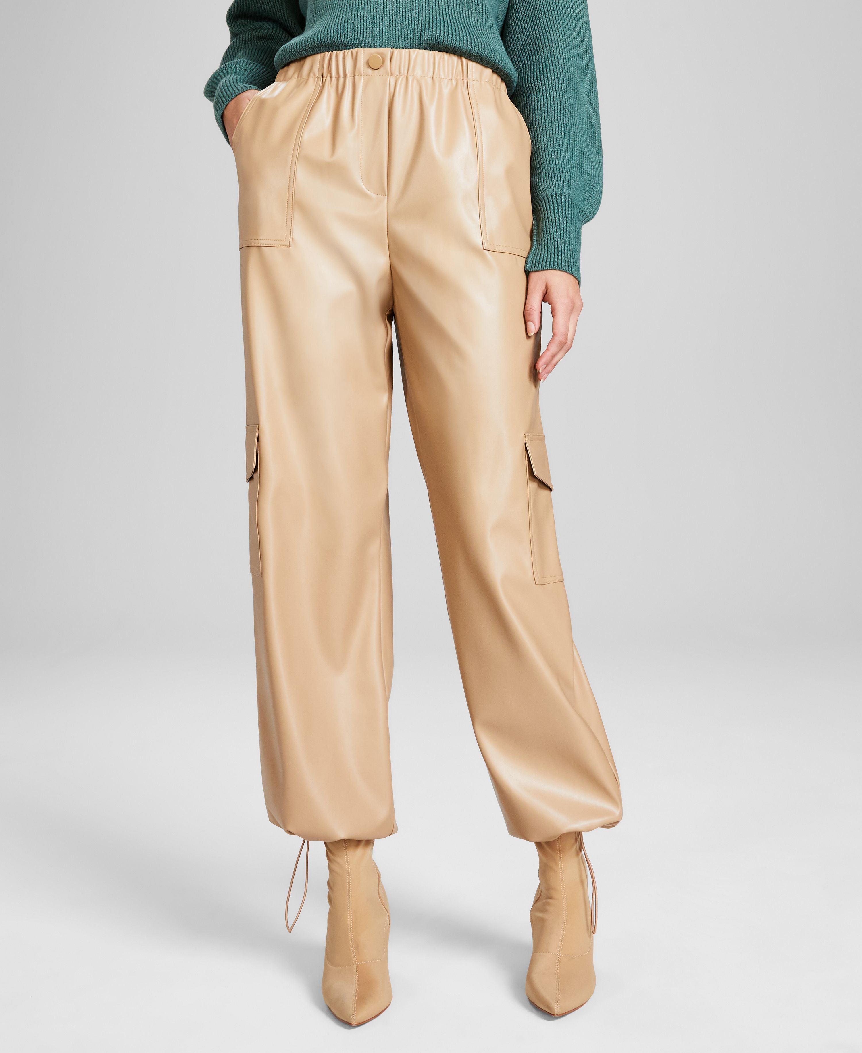 Women's High Rise Faux-Leather Finish Cargo Signature Pants