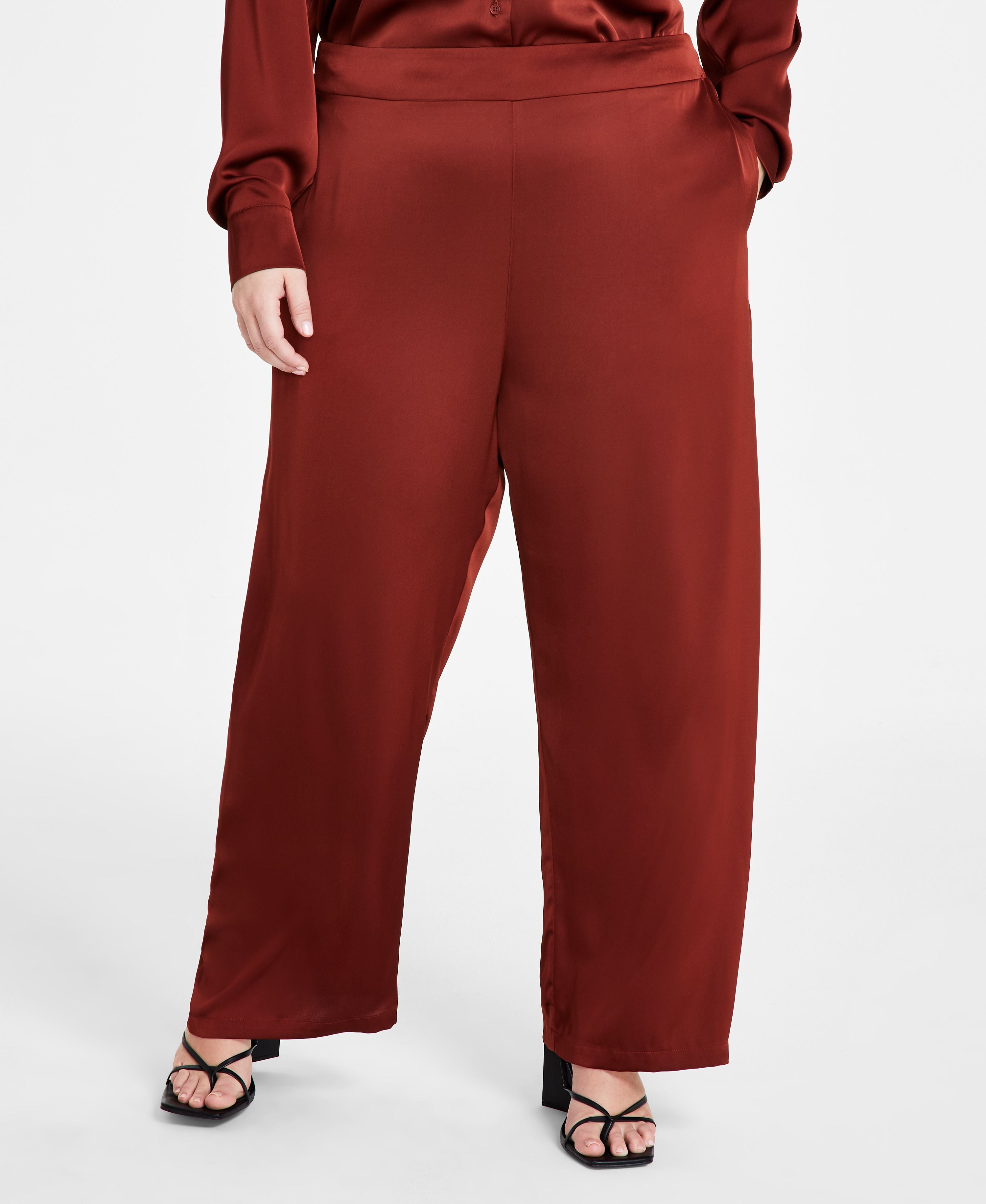Modern Plus Size Satin Button-Front Modern Shirt & Satin Wide-Leg Signature Pants