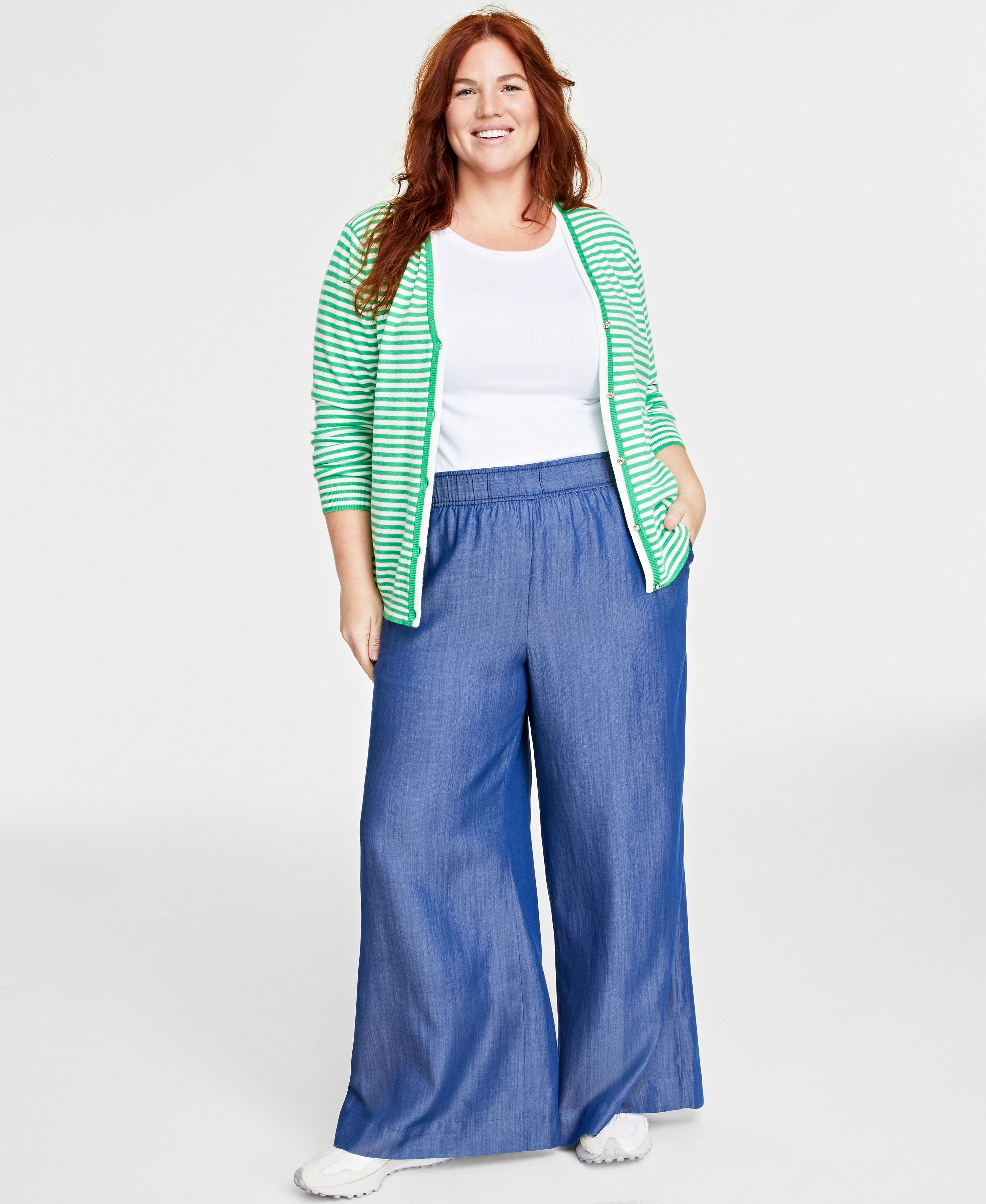 Plus Size Pull-On Chambray Wide-Leg Signature Pants