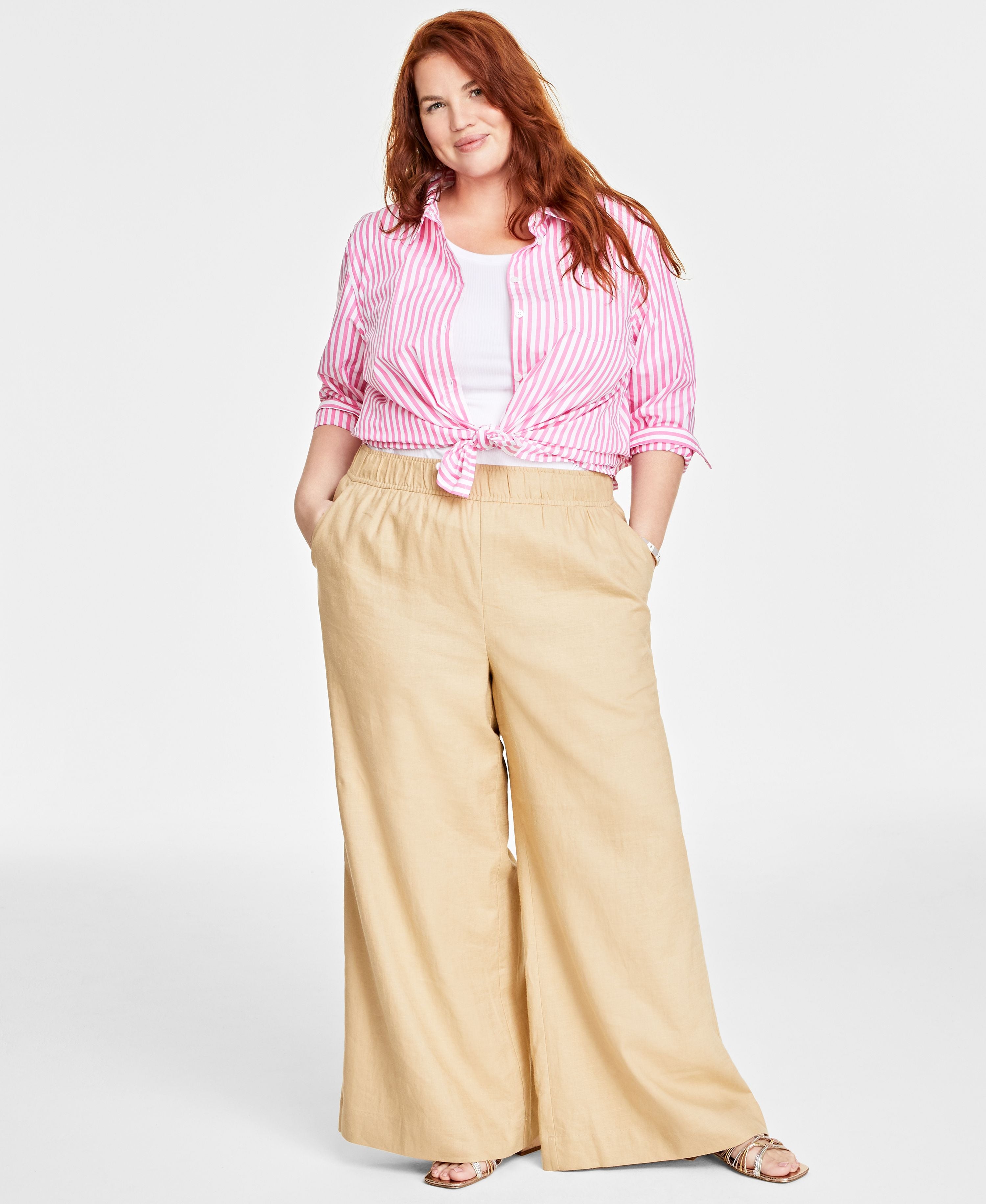 Plus Size Linen-Blend-Blend Pull-On Lightweight Wide-Leg Signature Pants