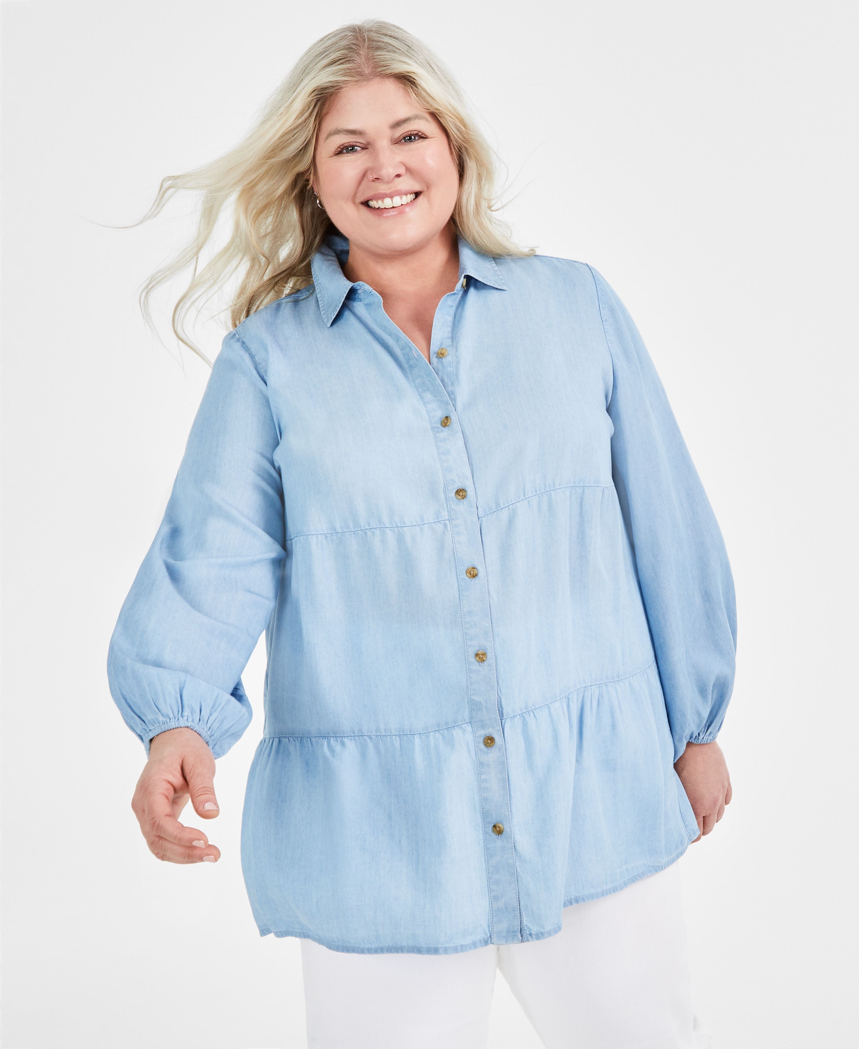 Plus Size Long-Sleeve Tiered Flounce Tunic Modern Shirt