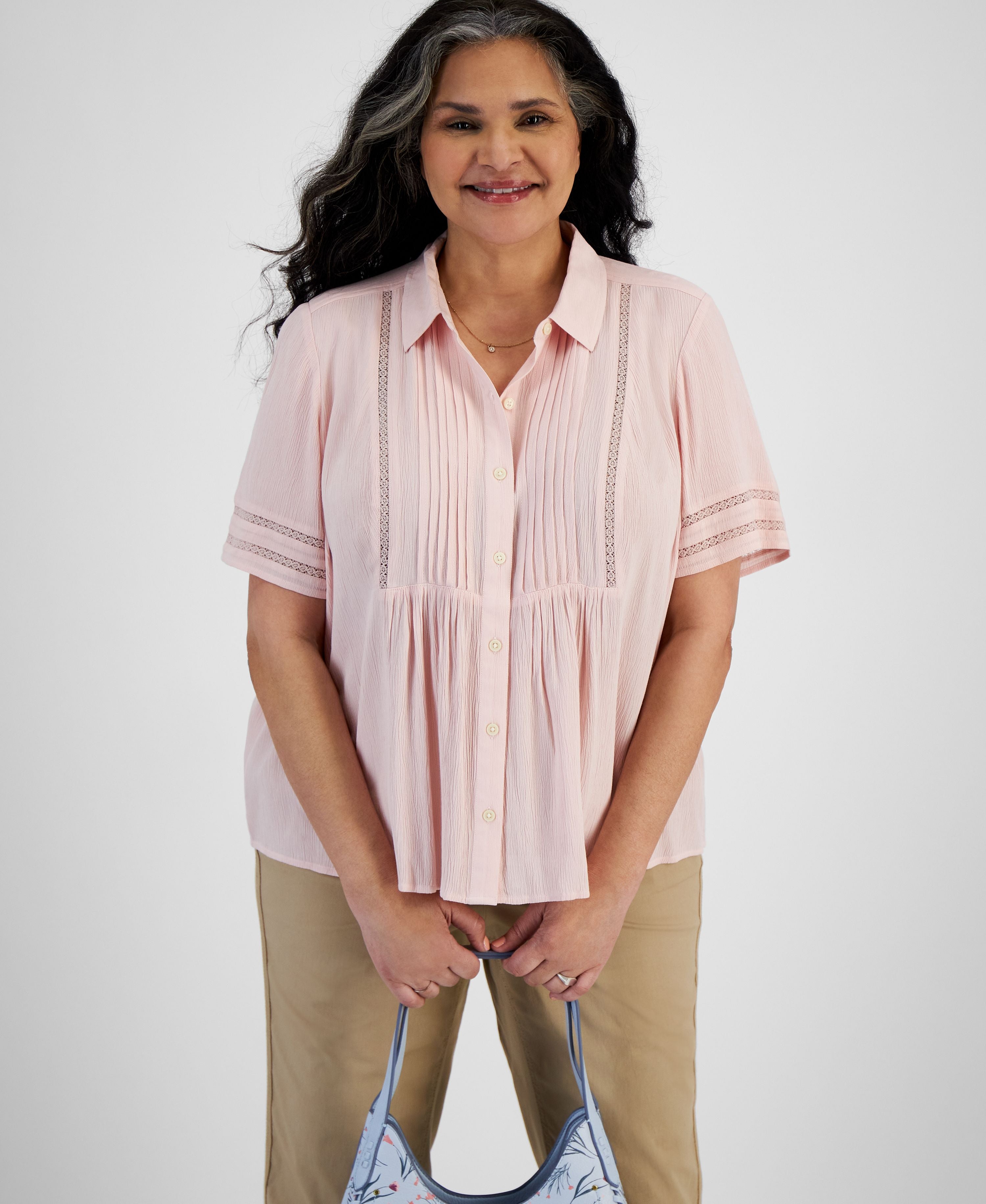 Plus Size Collared Pintuck Premium Top