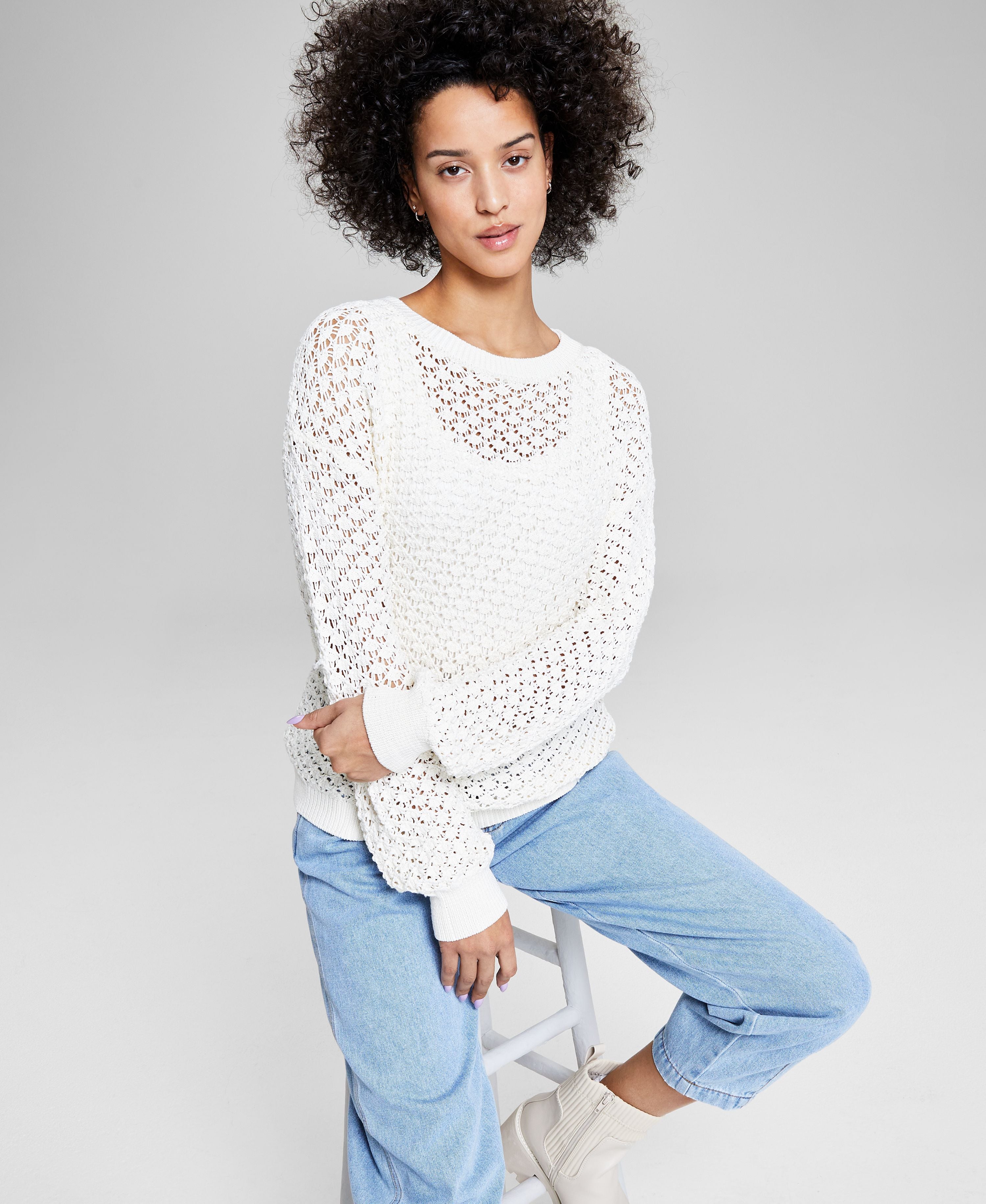 Women's Pointelle-Knit Long-Sleeve Sweater