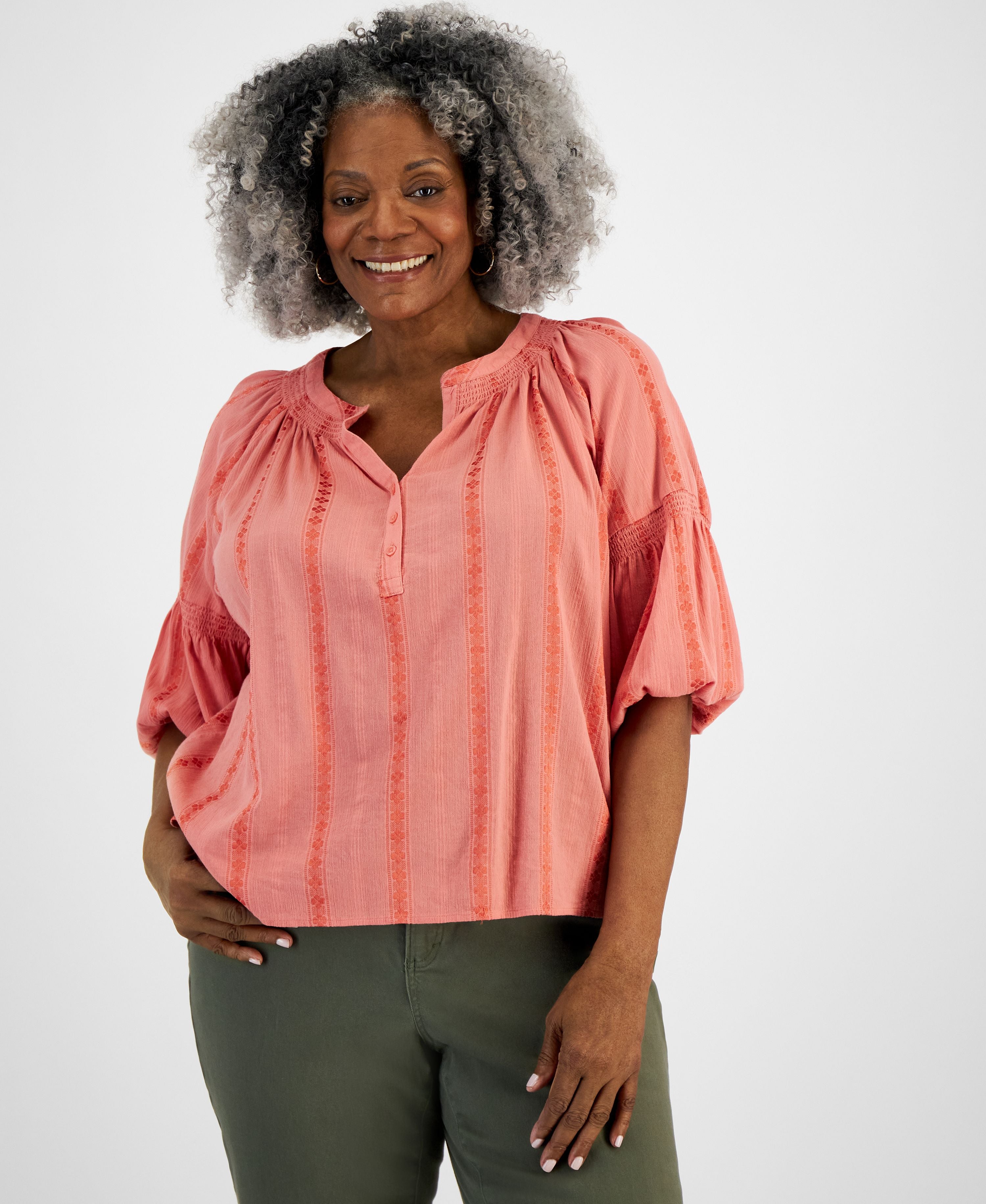 Plus Size Woven Split-Neck Premium Top