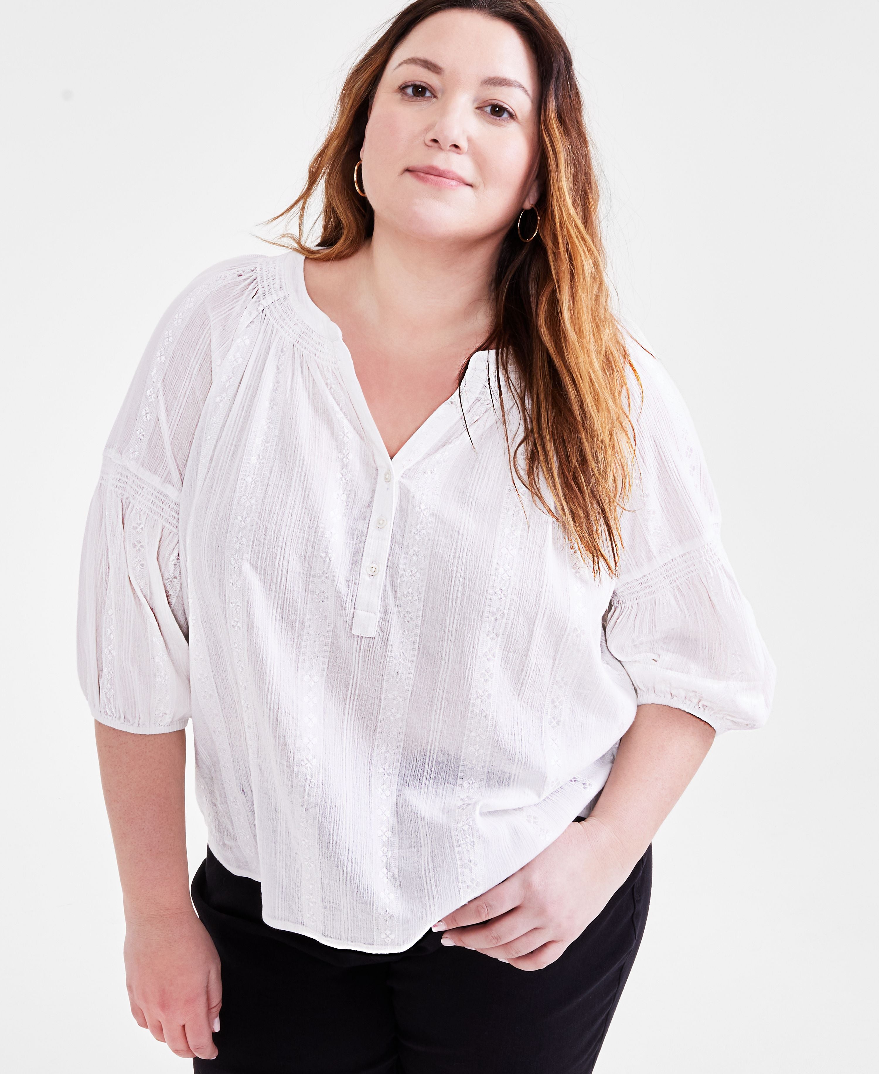 Plus Size Woven Split-Neck Premium Top
