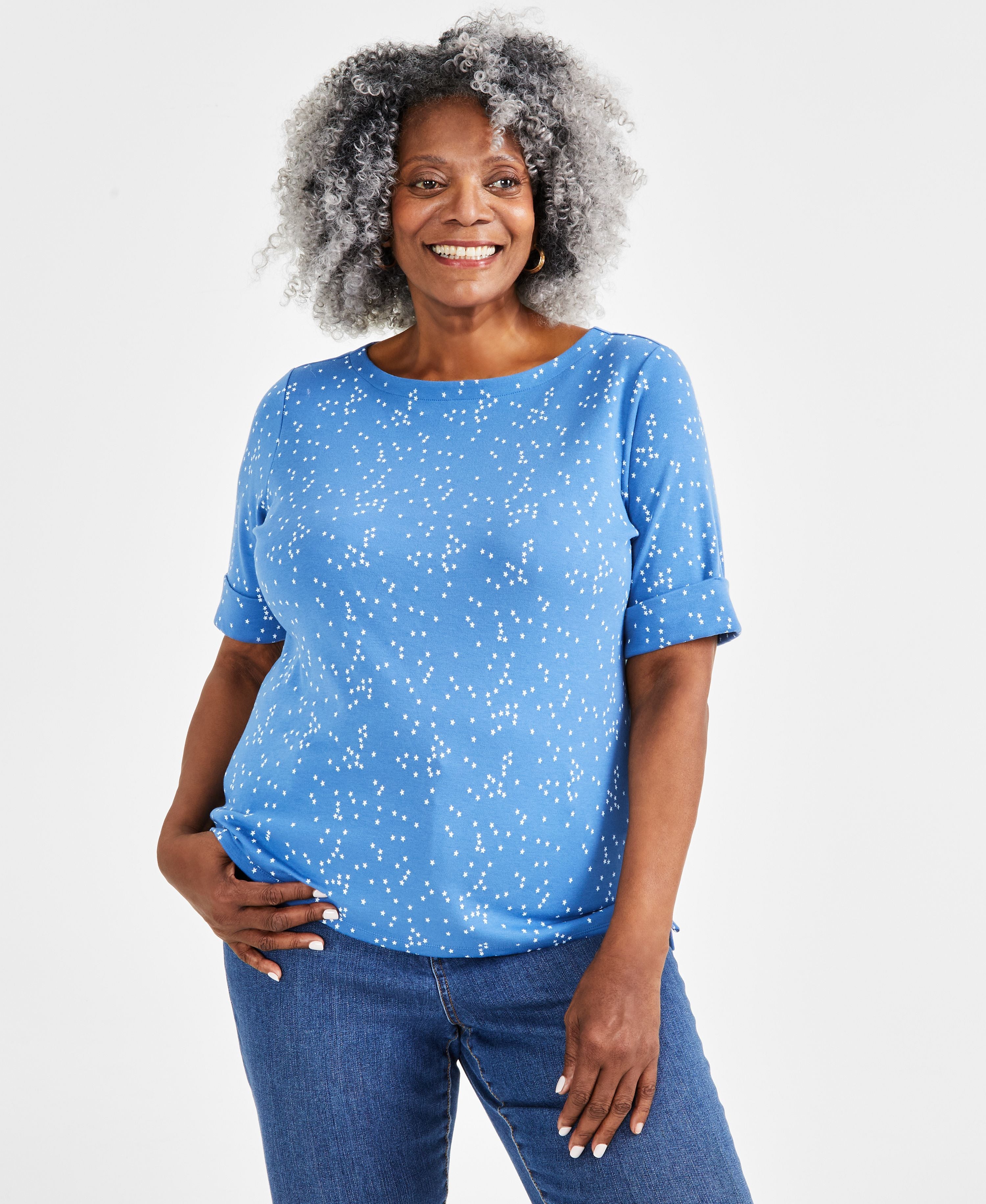 Plus Size Printed Elbow-Sleeve Premium Top
