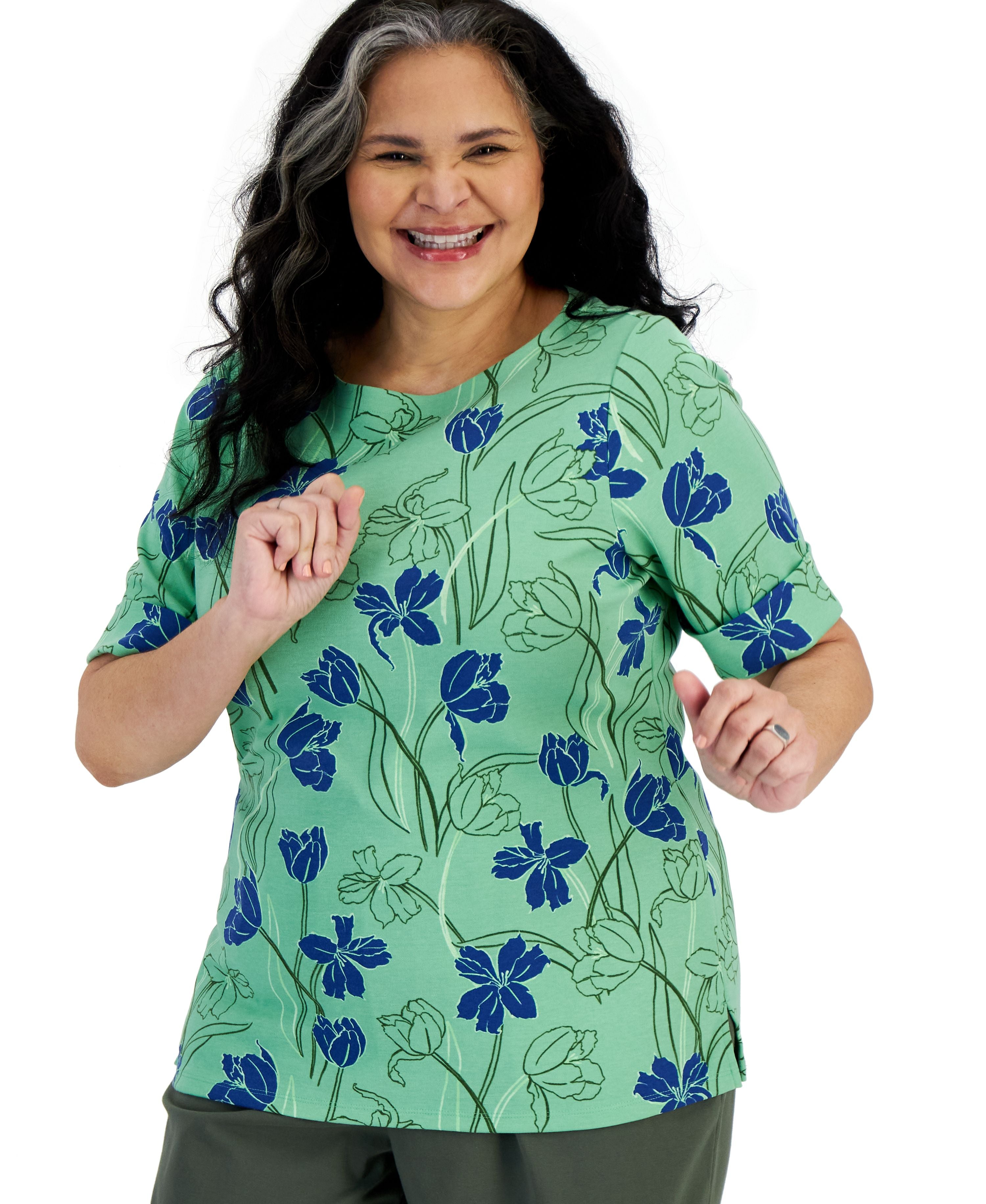 Plus Size Printed Elbow-Sleeve Premium Top