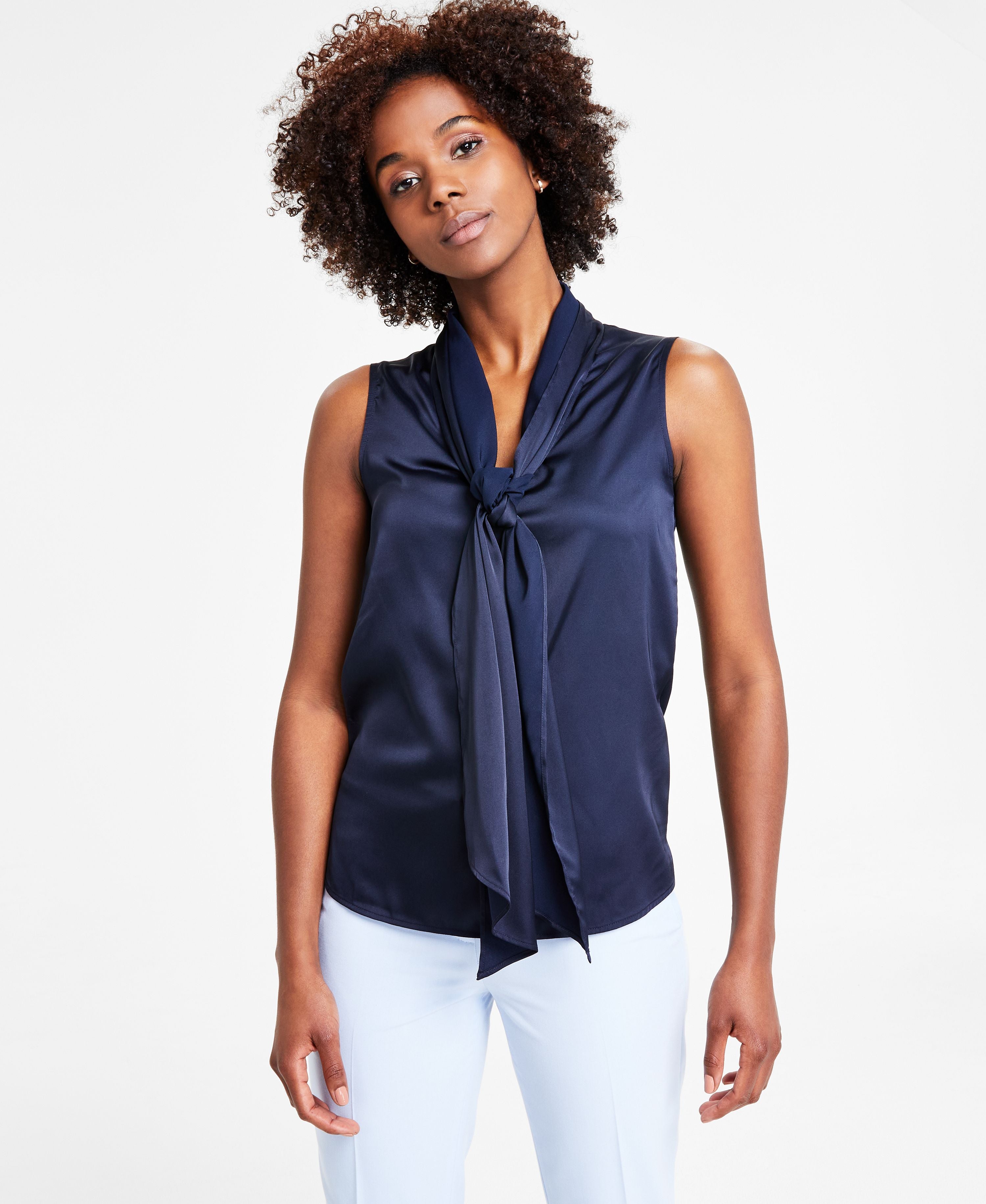 Women's Tie-Neck Sleeveless Satin Signature Blouse