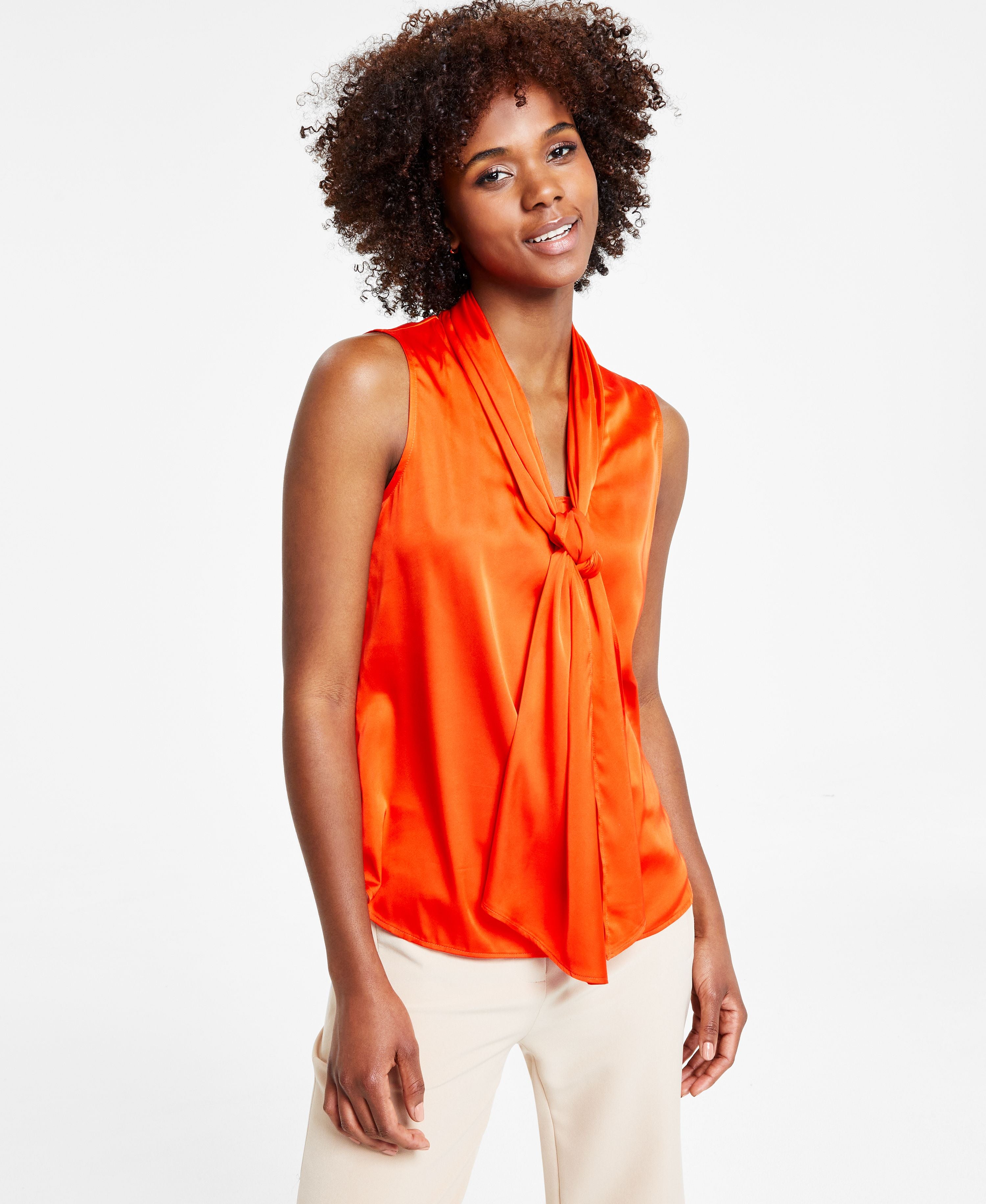 Women's Tie-Neck Sleeveless Satin Signature Blouse