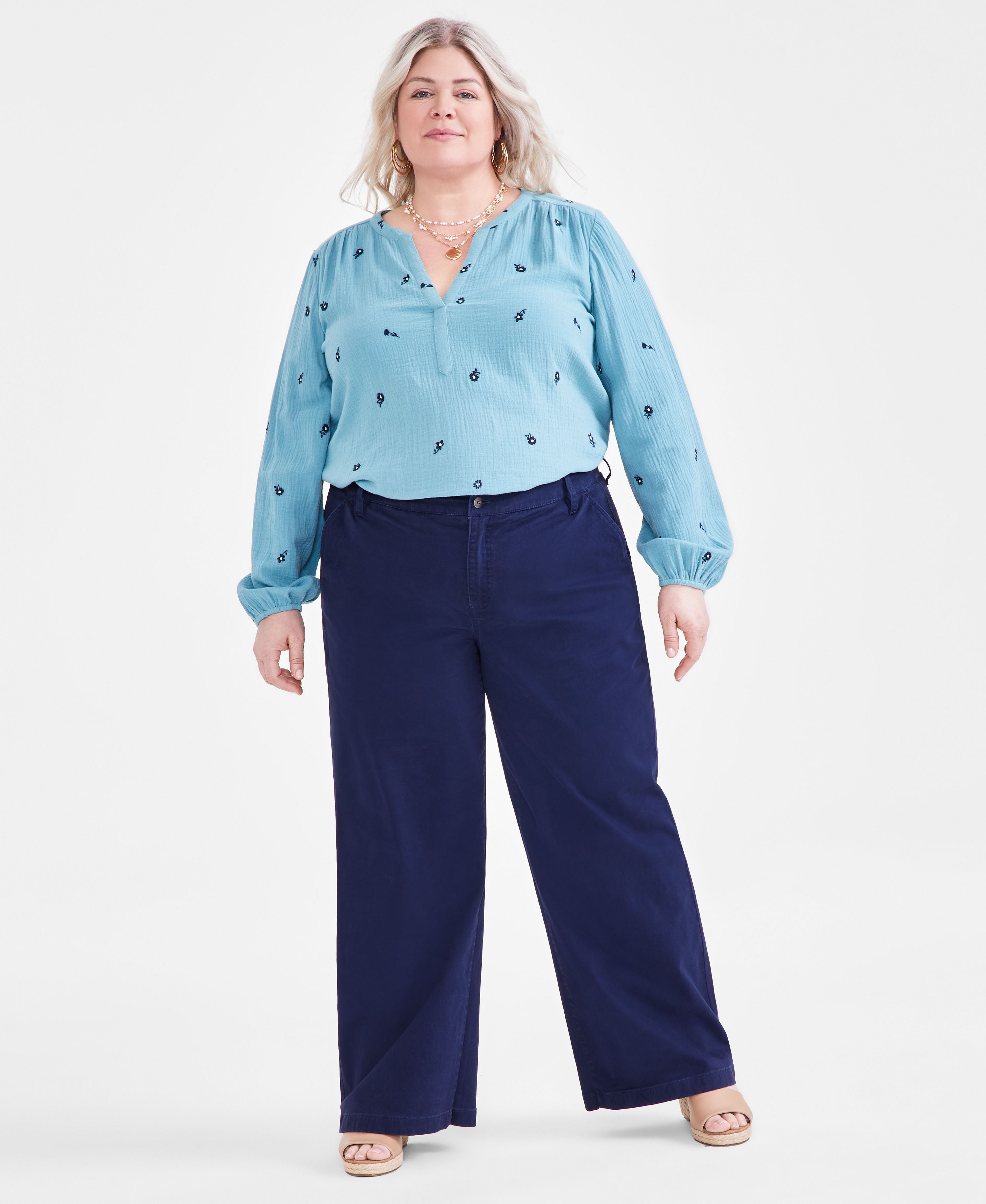Plus Size High-Rise Wide-Leg Twill Signature Pants