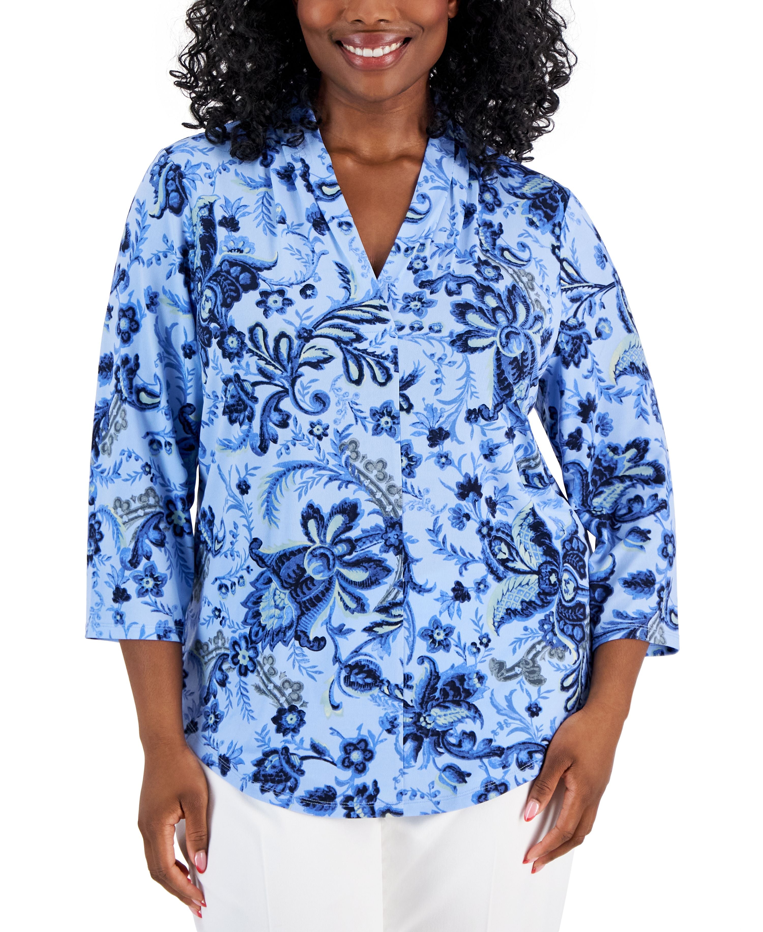 Plus Size Floral-Print Front-Pleat Premium Top