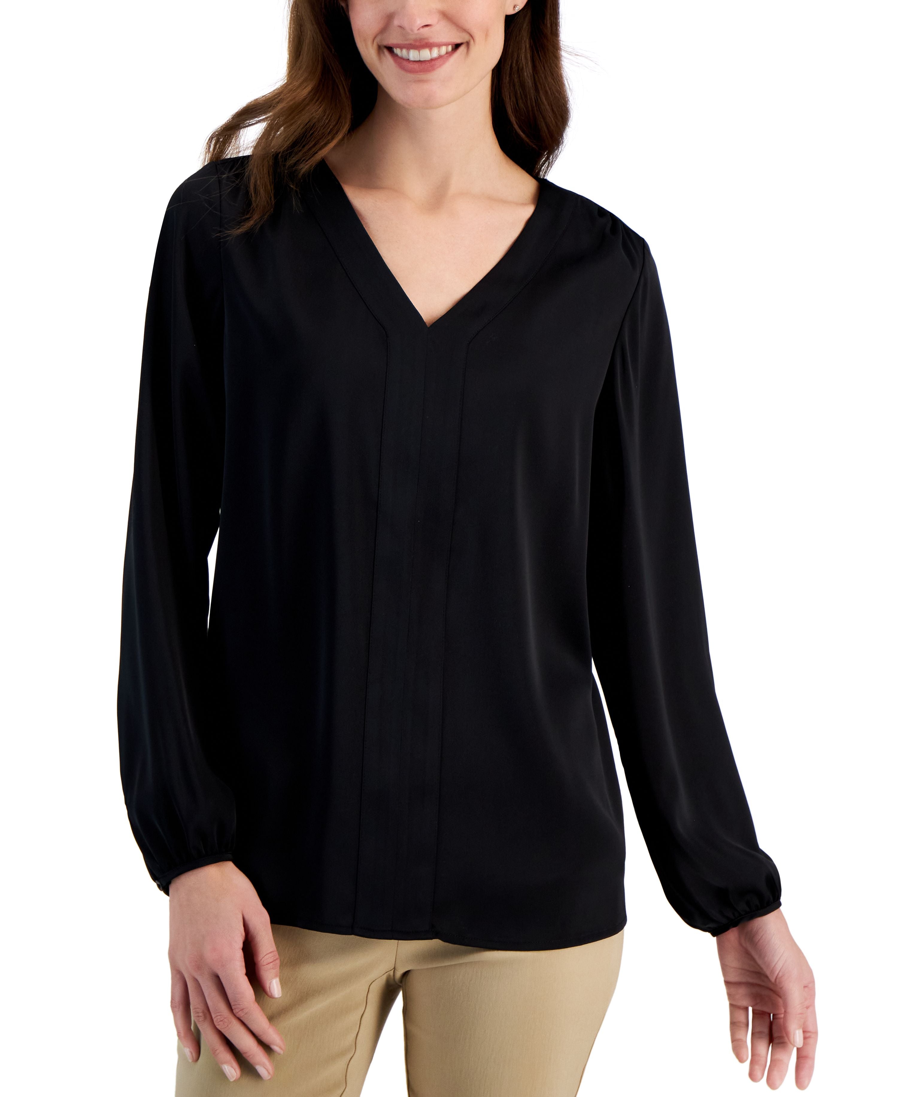 Women's Long-Sleeve Satin V-Neck Signature Blouse Deep Black XL