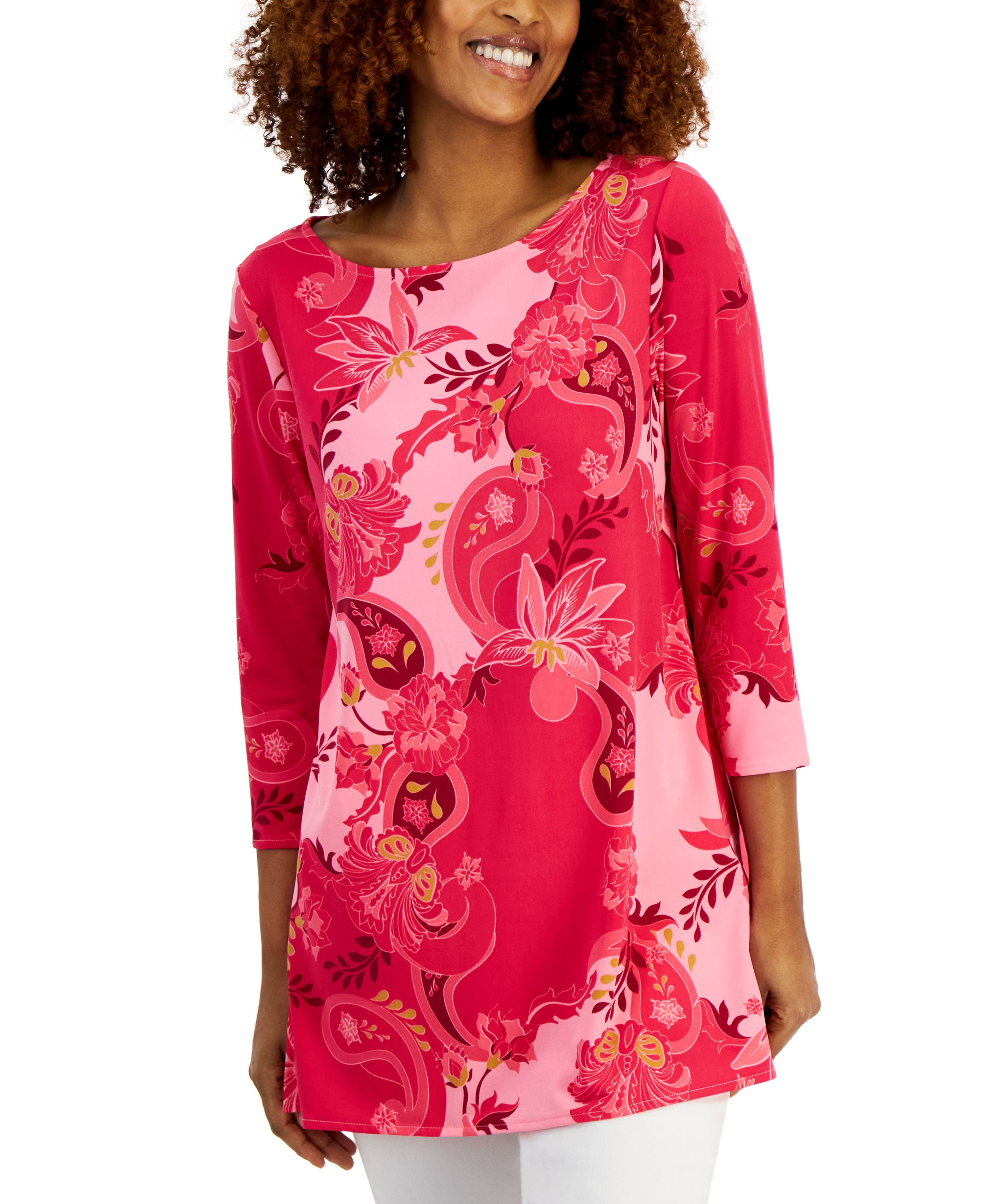Petite Glamorous Garden 3/4-Sleeve Boat-Neck Premium Top Claret Rose Combo PXL