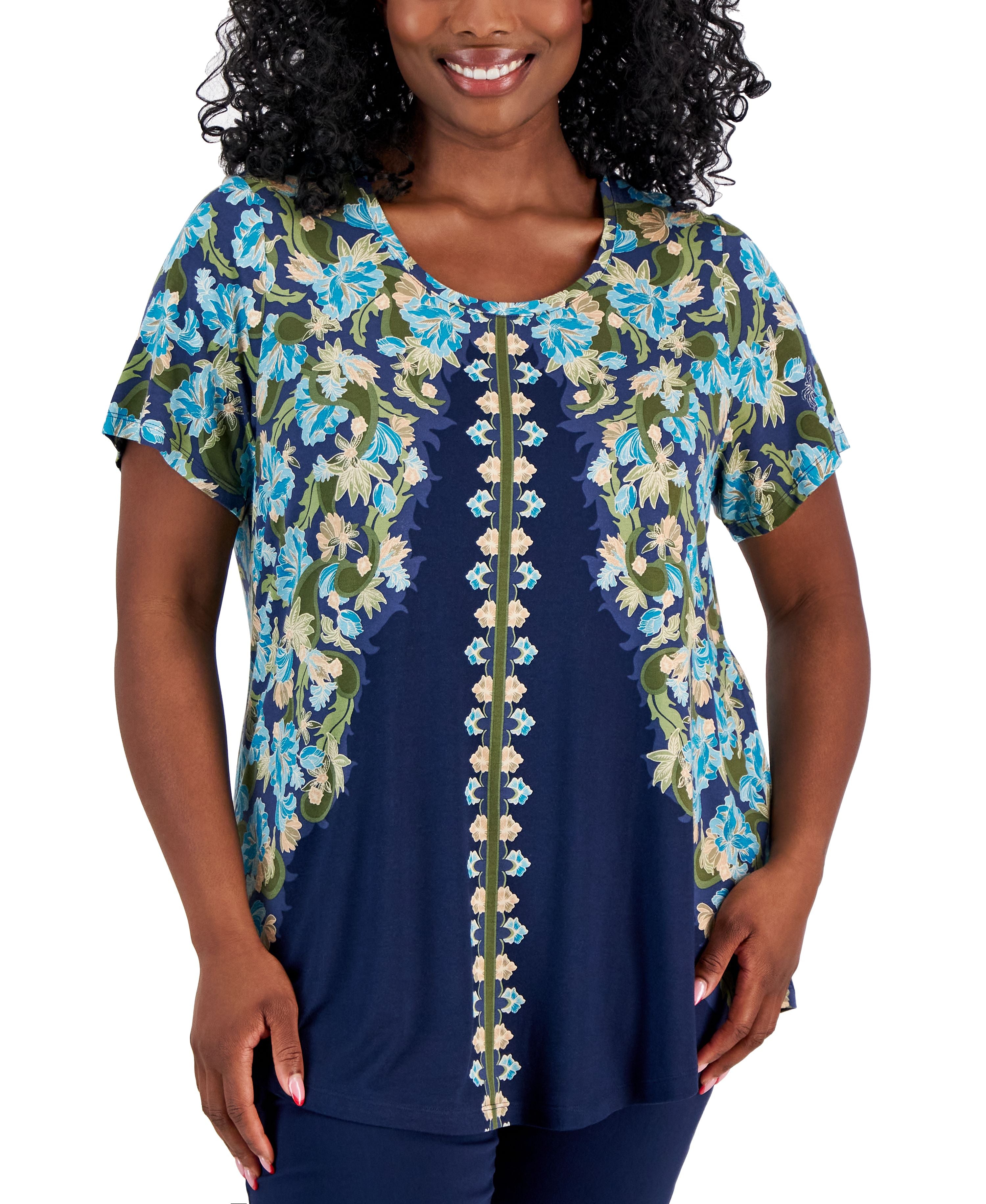 Plus Size Oaklyn Ornate Print Short-Sleeve Premium Top