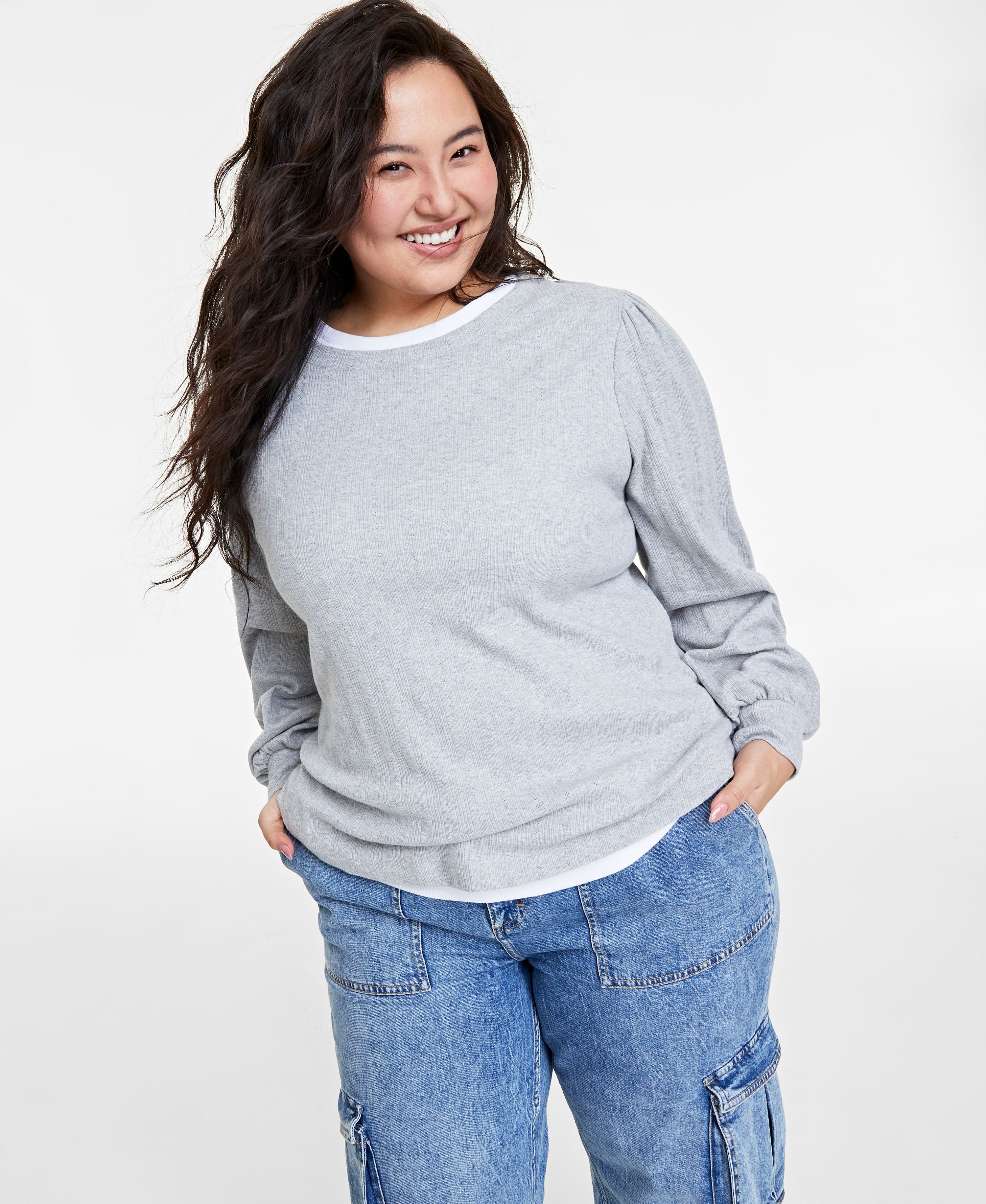 Plus Size Pointelle-Rib Long-Sleeve Premium Top