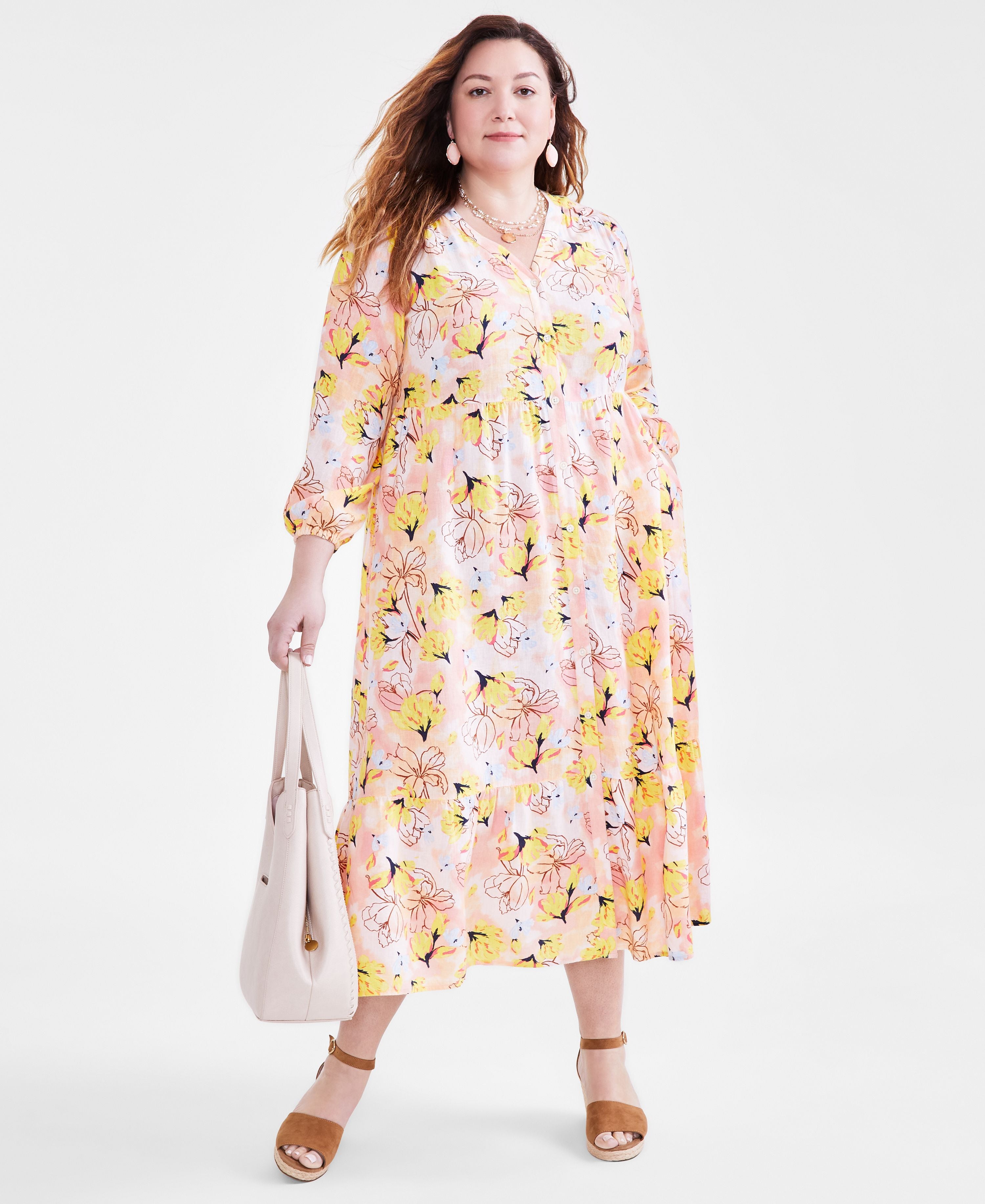 Plus Size Floral-Print Tiered Flounce Linen-Blend-Blend 3/4-Sleeve Dress