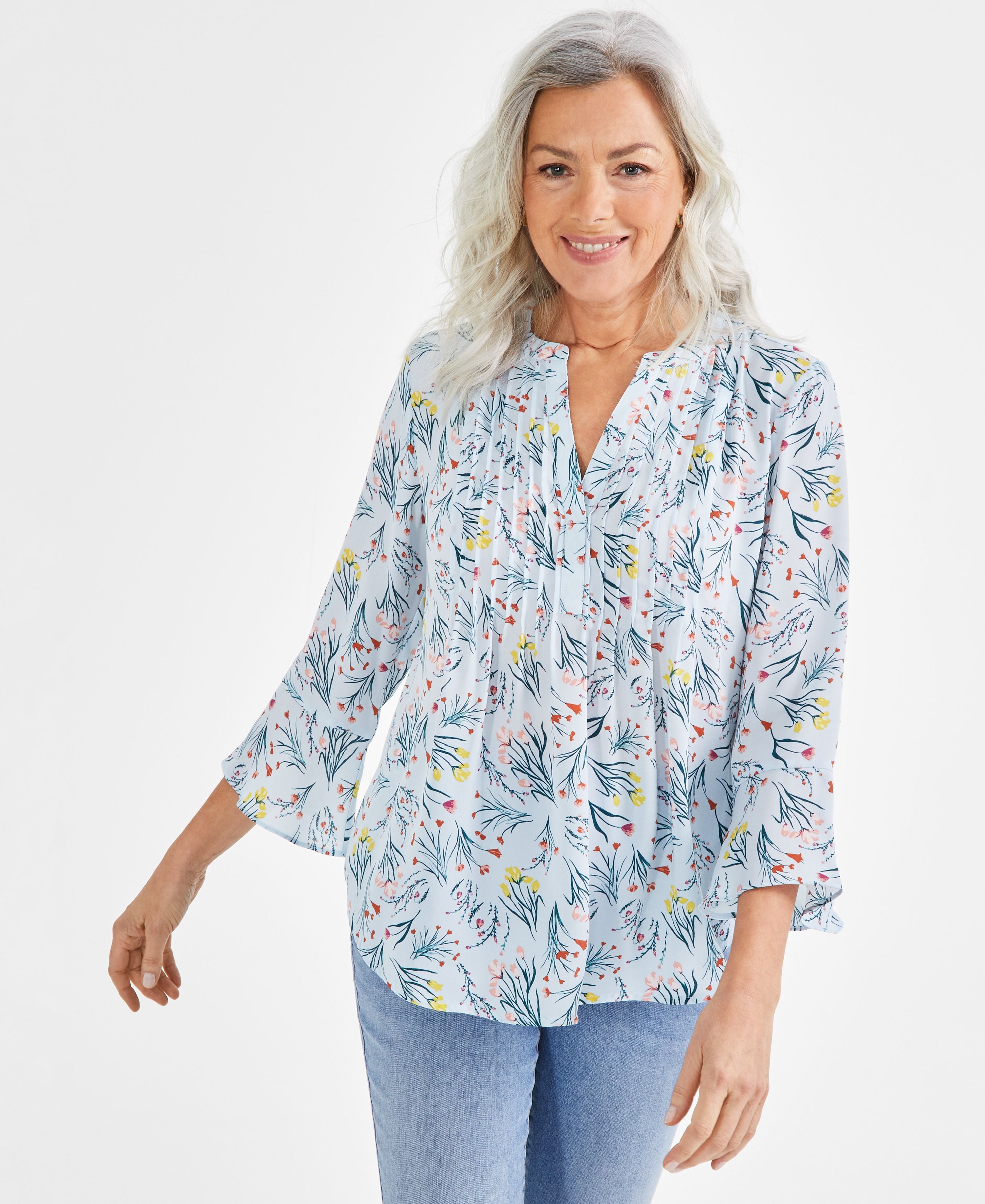 Women's Printed Pintuck Ruffle-Sleeve Premium Top