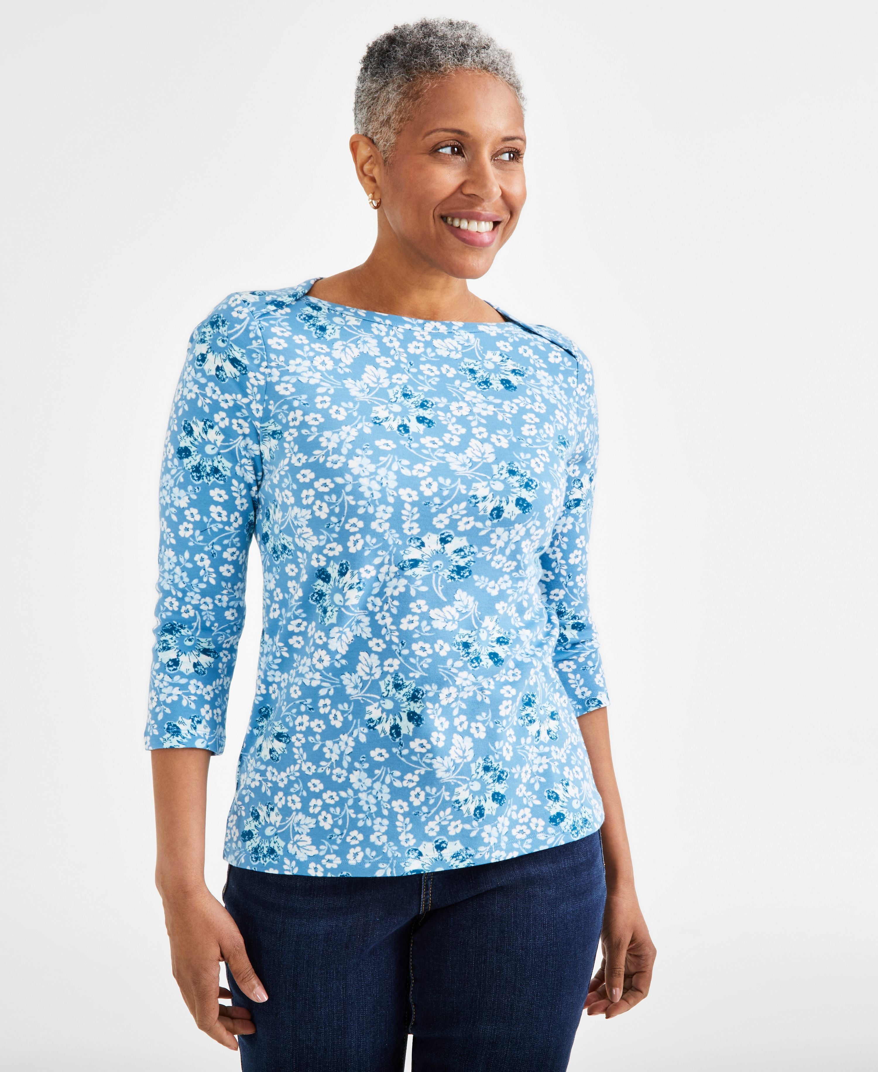 Petite Pottery Floral 3/4-Sleeve Pima Knit Premium Top
