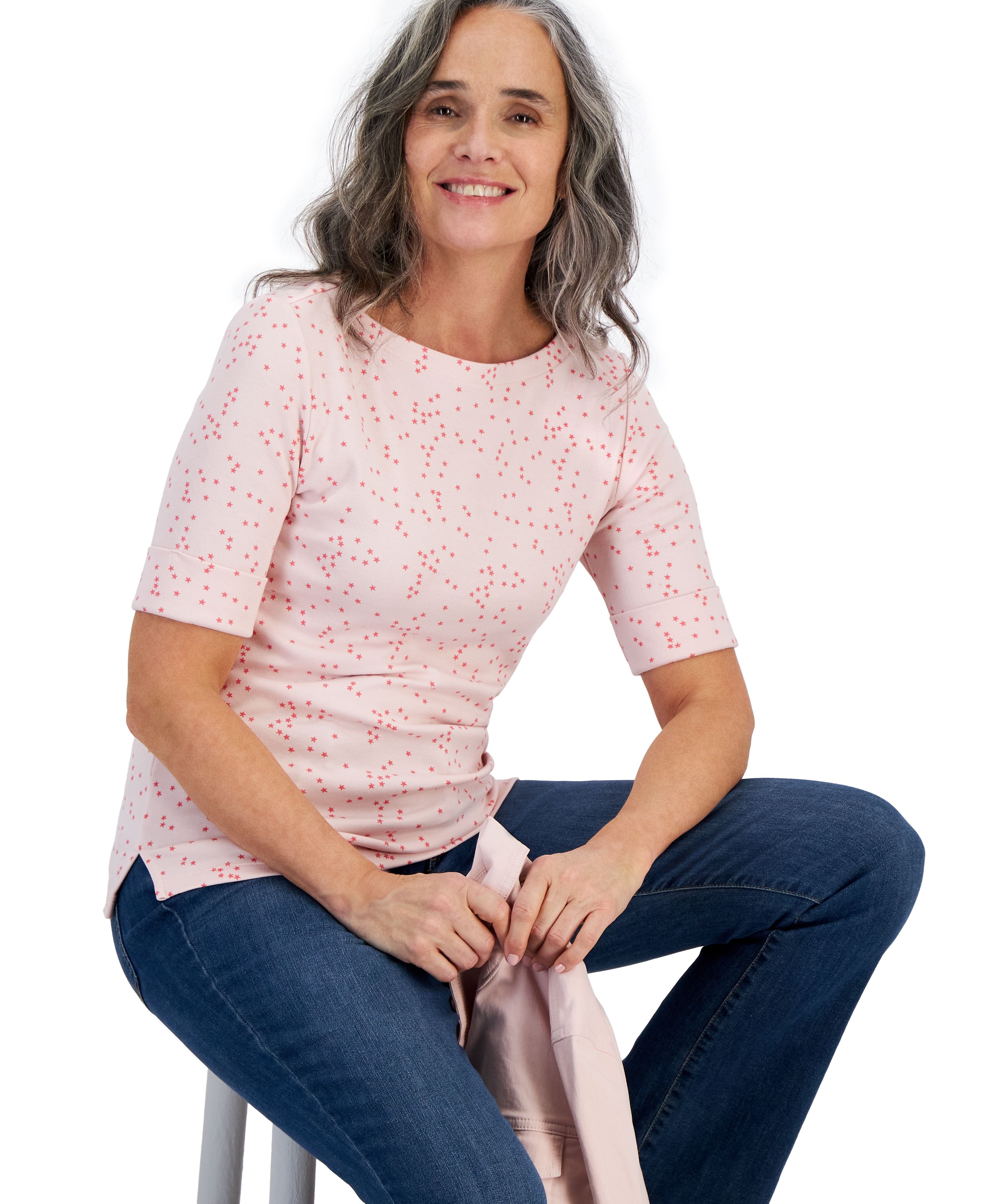 Petite Printed Boat-Neck Elbow-Sleeve Premium Top Mini Star Pink PM