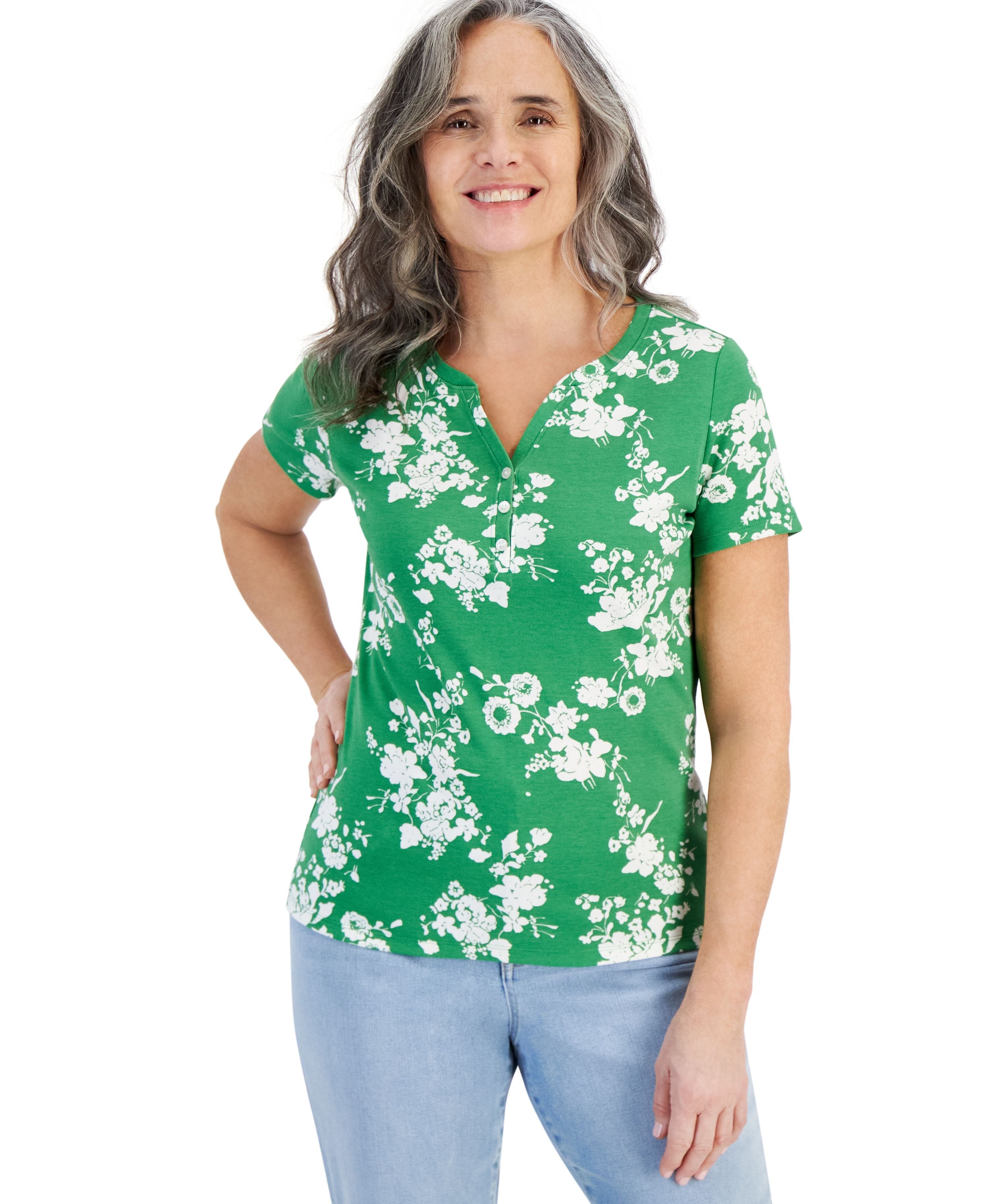 Petite Floral Henley Short-Sleeve Premium Top