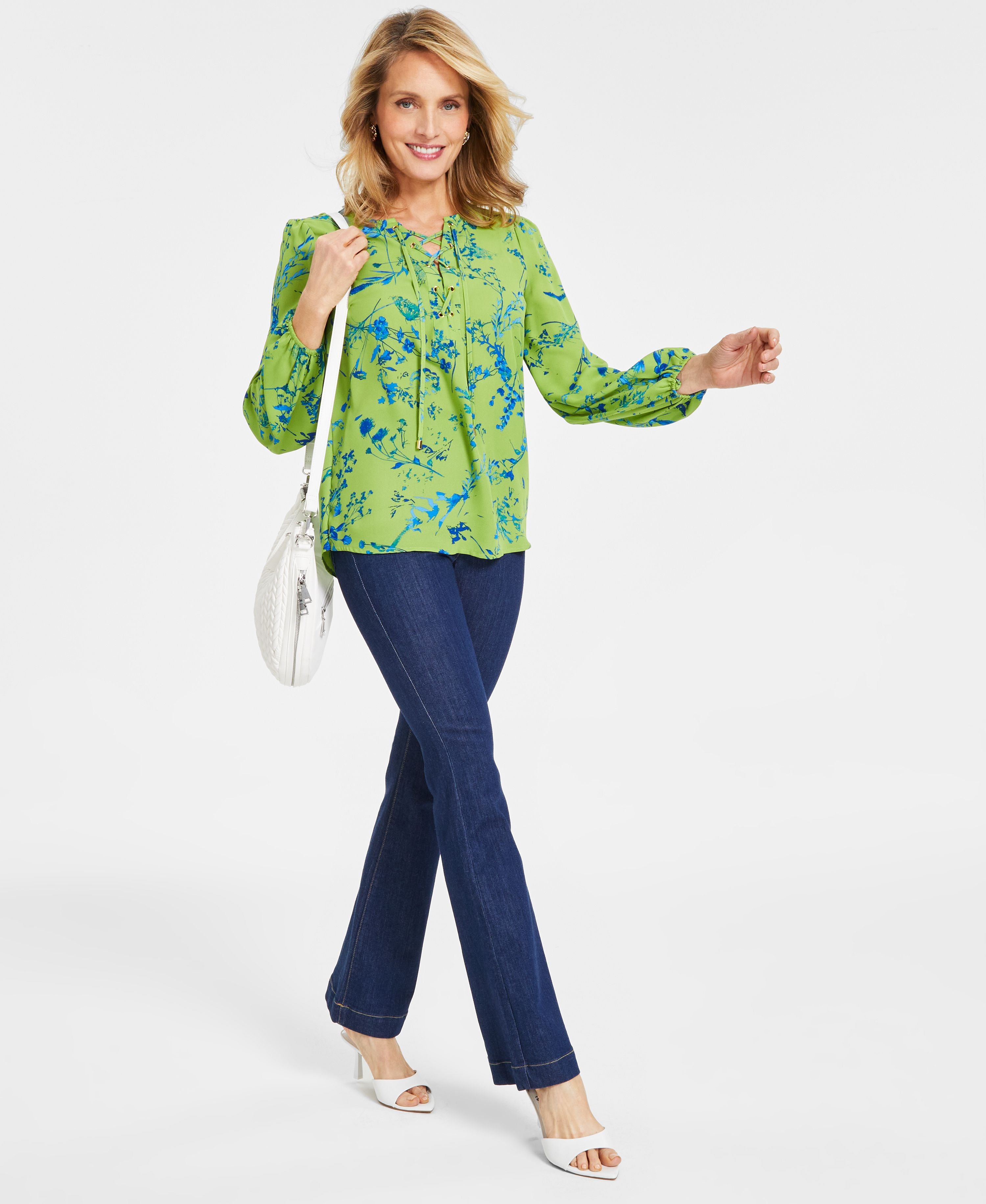 Women's Printed Lace-Up Signature Blouse, Boot-Cut Pull-On Premium Jeans & Kolleene Crossbody Bag