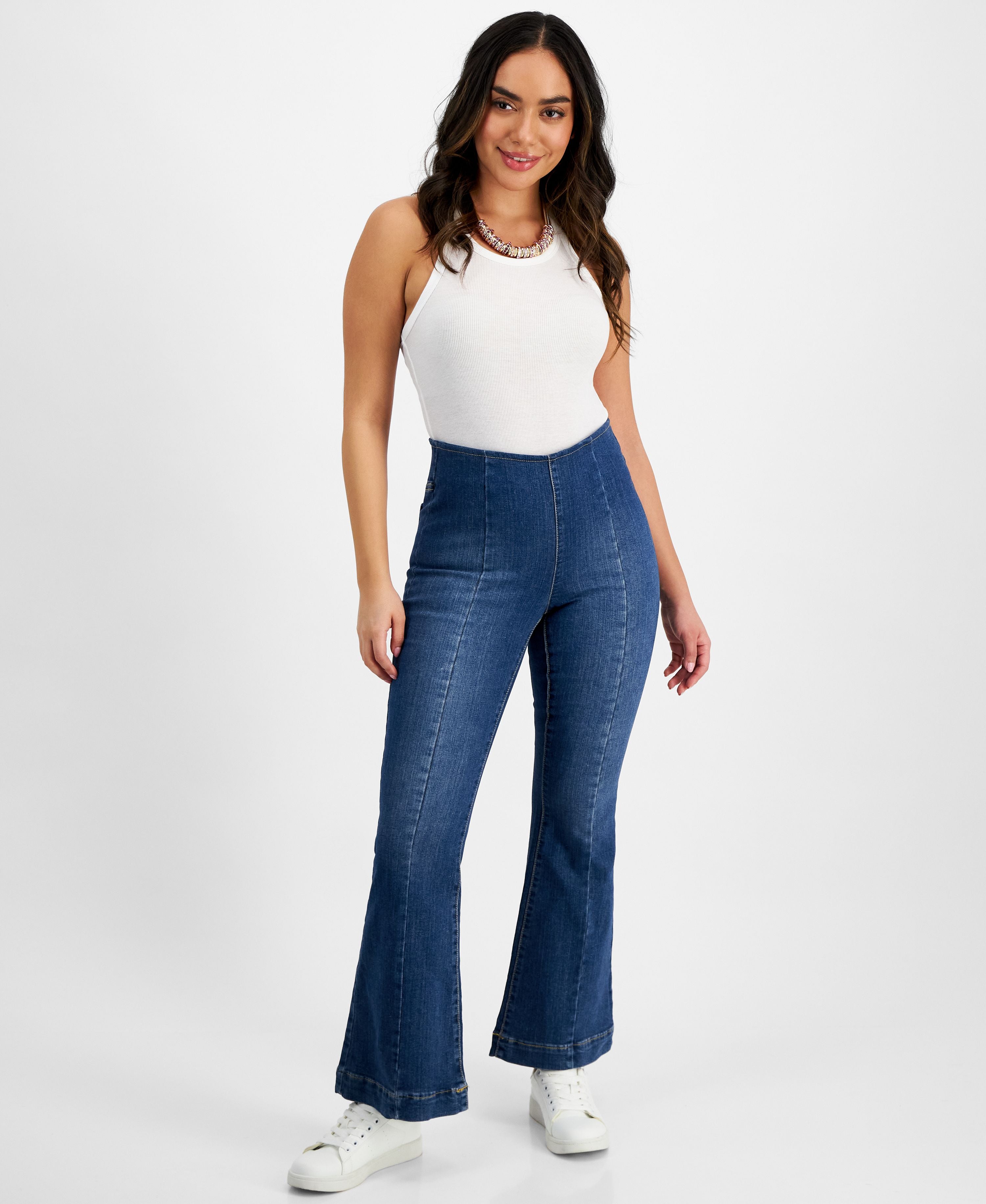 Petite Seamed High-Rise Flare-Leg Denim Premium Jeans
