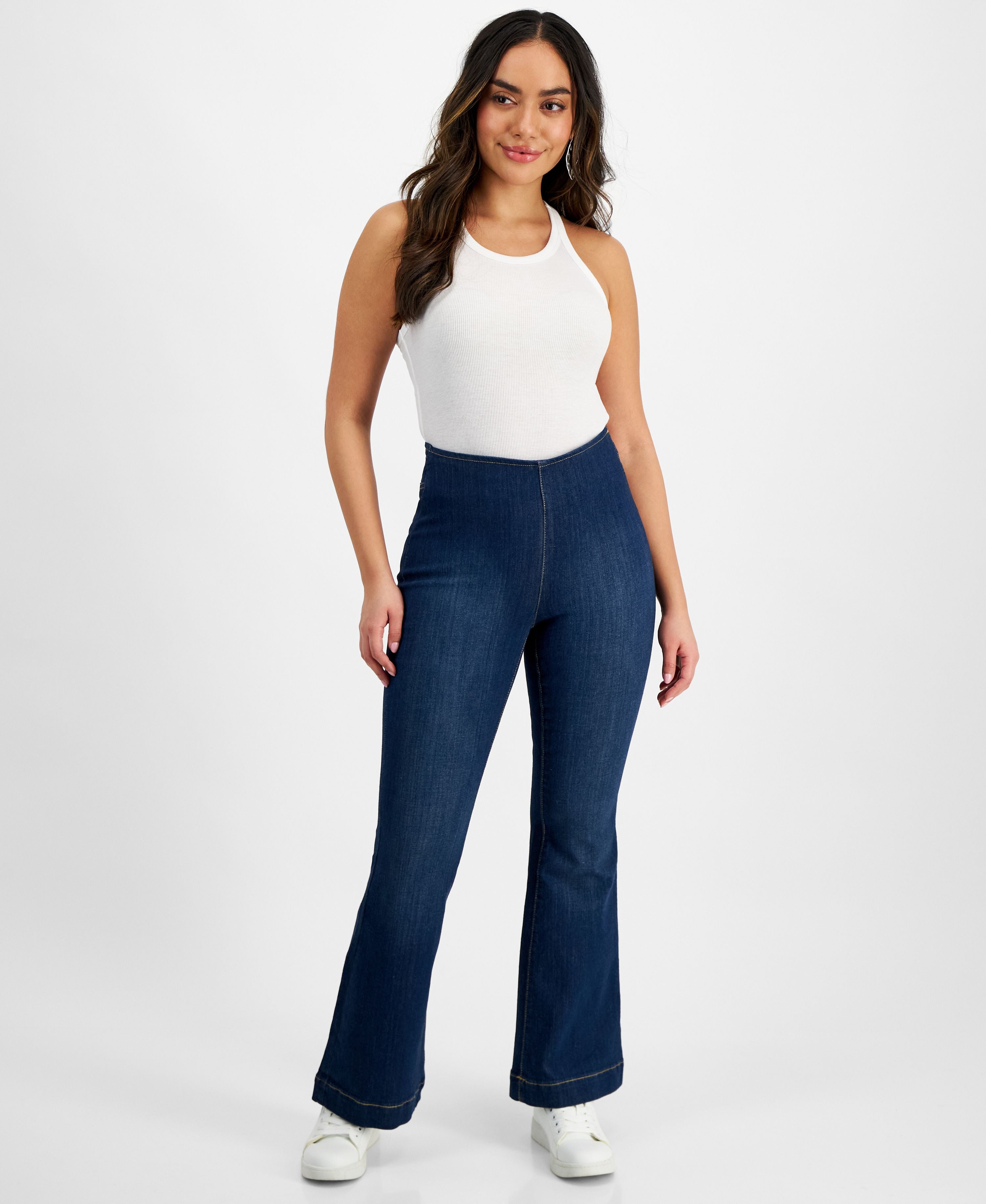 Petite High-Rise Flare-Leg Pull-On Denim Premium Jeans