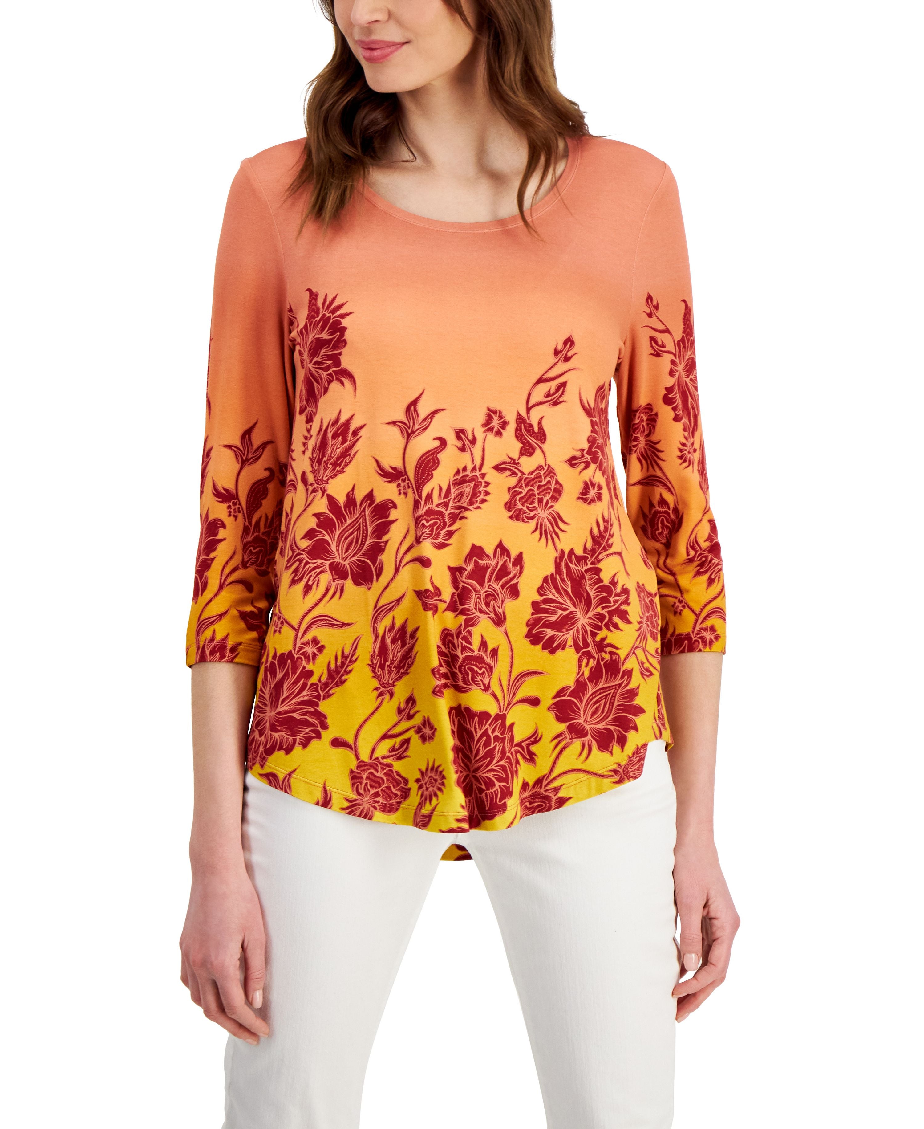 Women's Printed 3/4-Sleeve Premium Top Burnt Brick Combo M