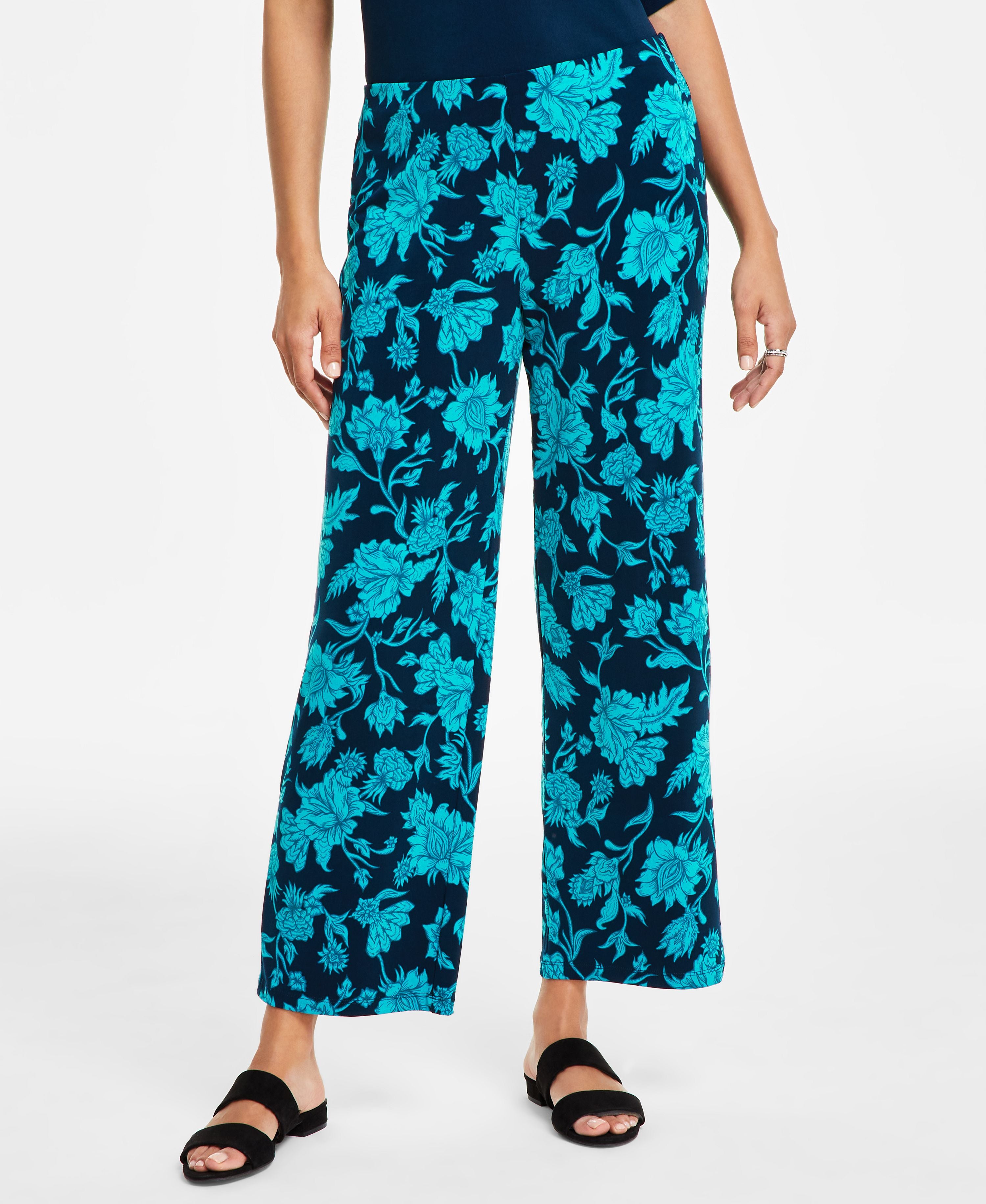 JM Collection Petite Floral Wide-Leg Signature Pants Intrepid Blue Combo PL
