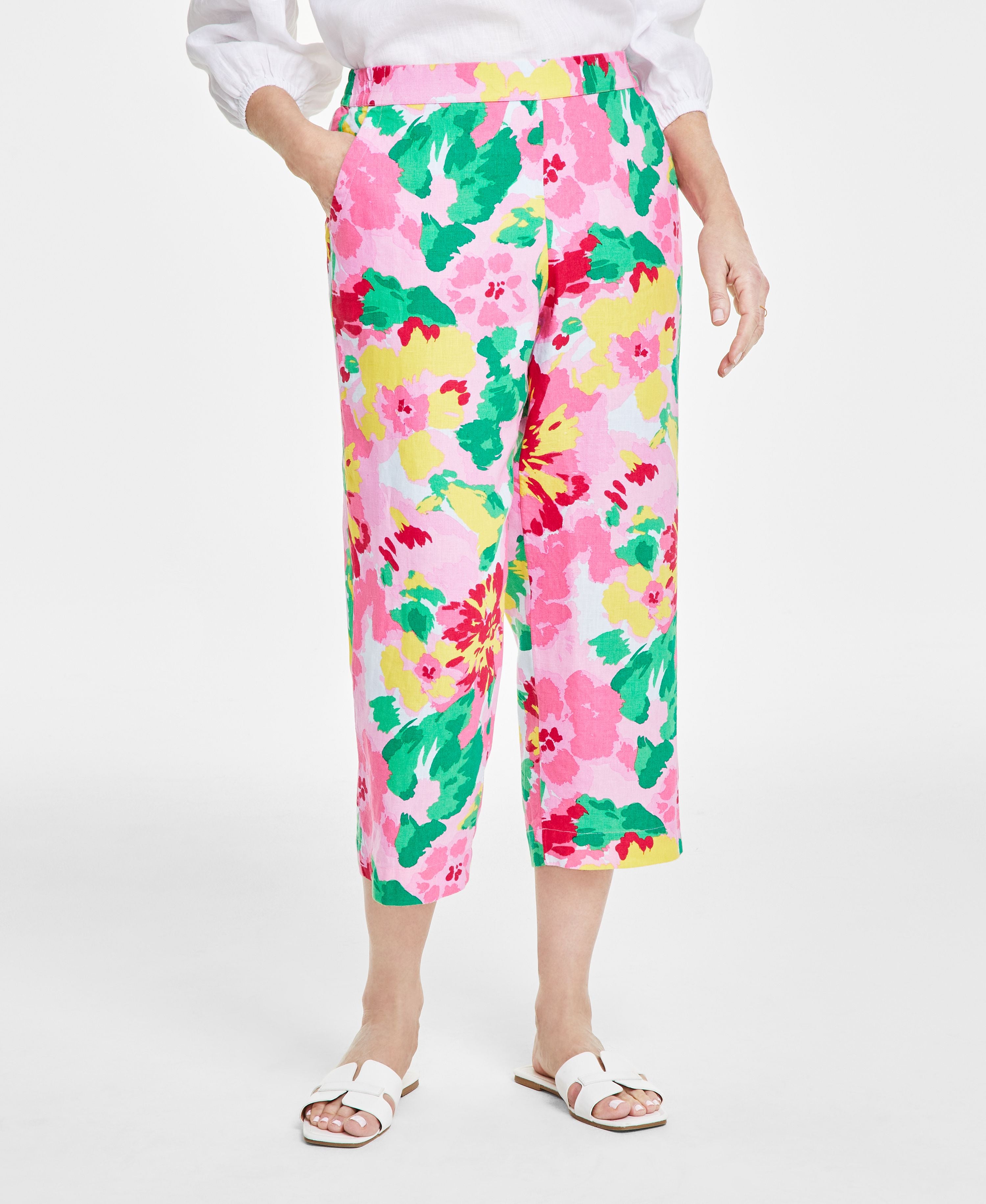 Petite 100% Linen-Blend Comfort-Waist Printed Cropped Signature Pants