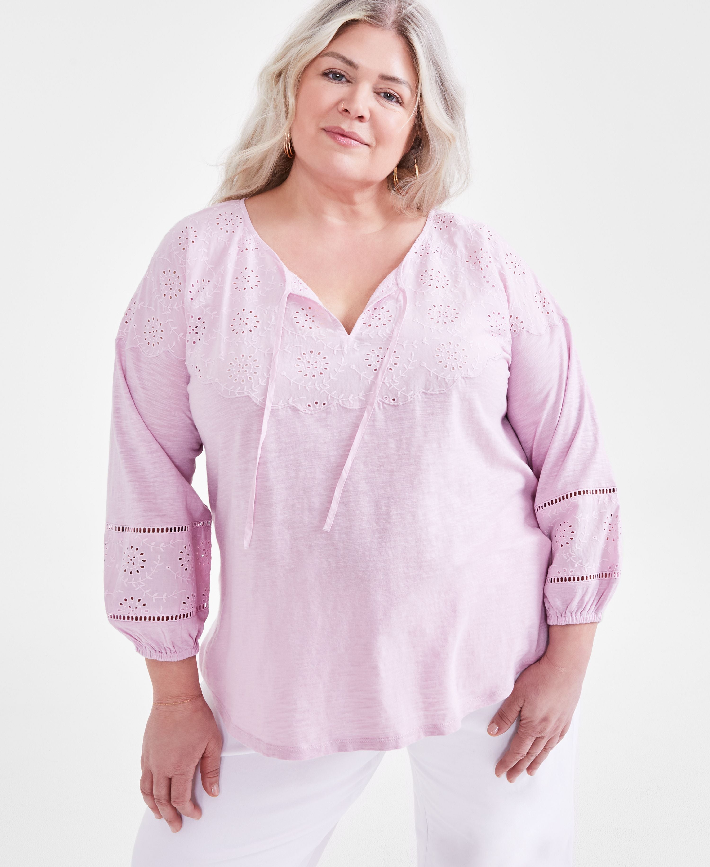 Plus Size Embroidered Eyelet-Trim Premium Top