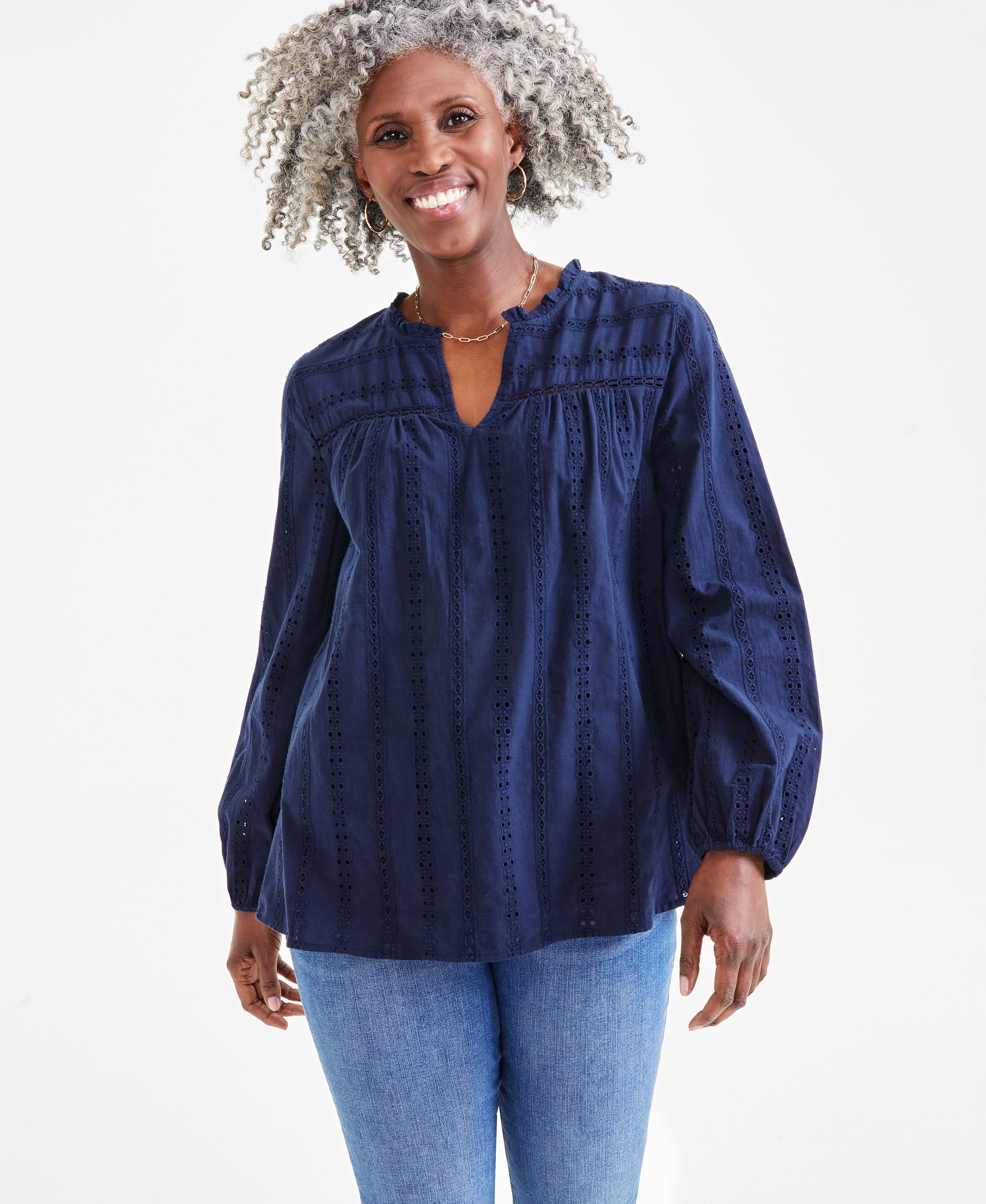 Women's Cotton Eyelet Split-Neck Premium Top