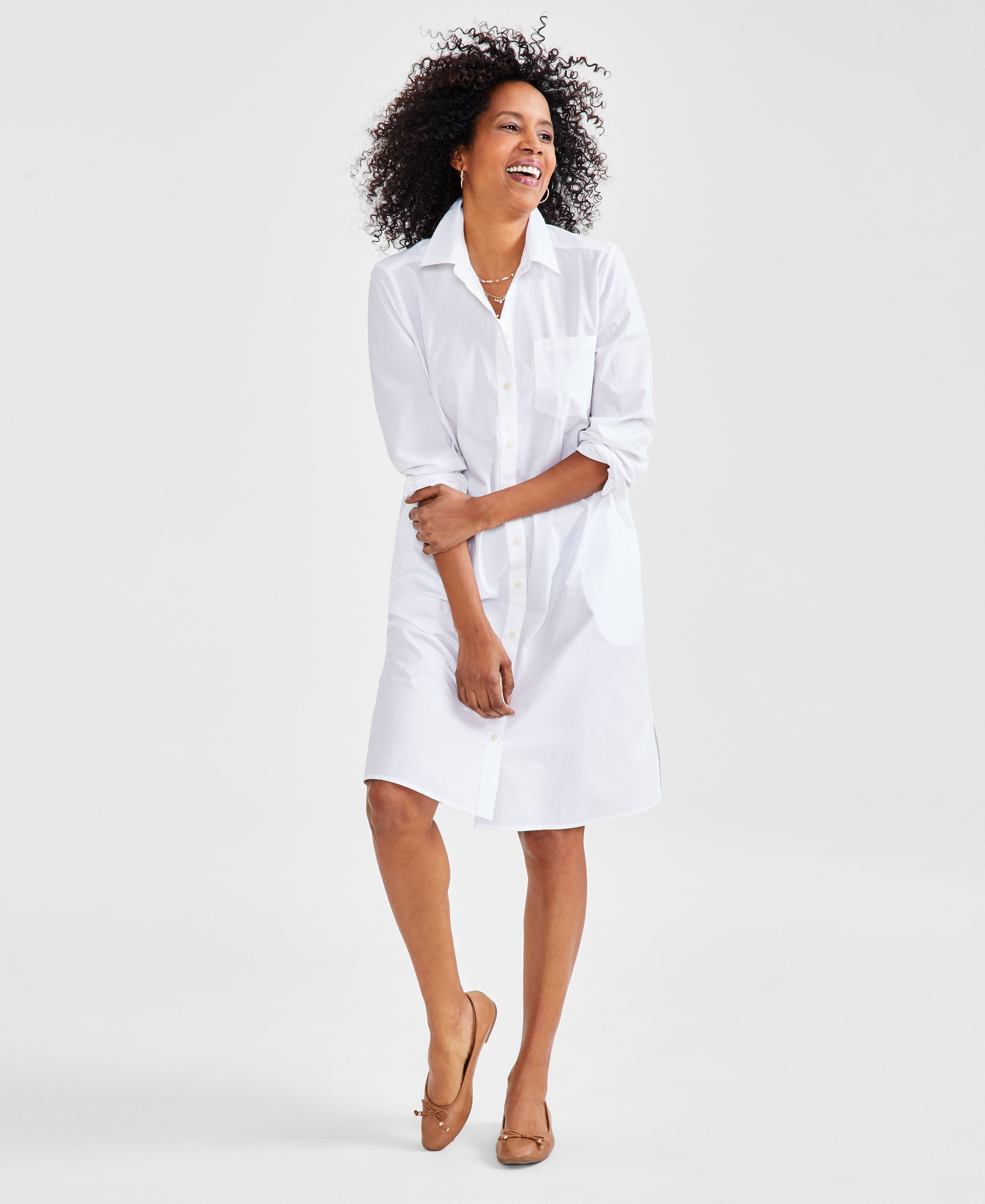 Women's Cotton Long-Sleeve Shirtdress Bright White L