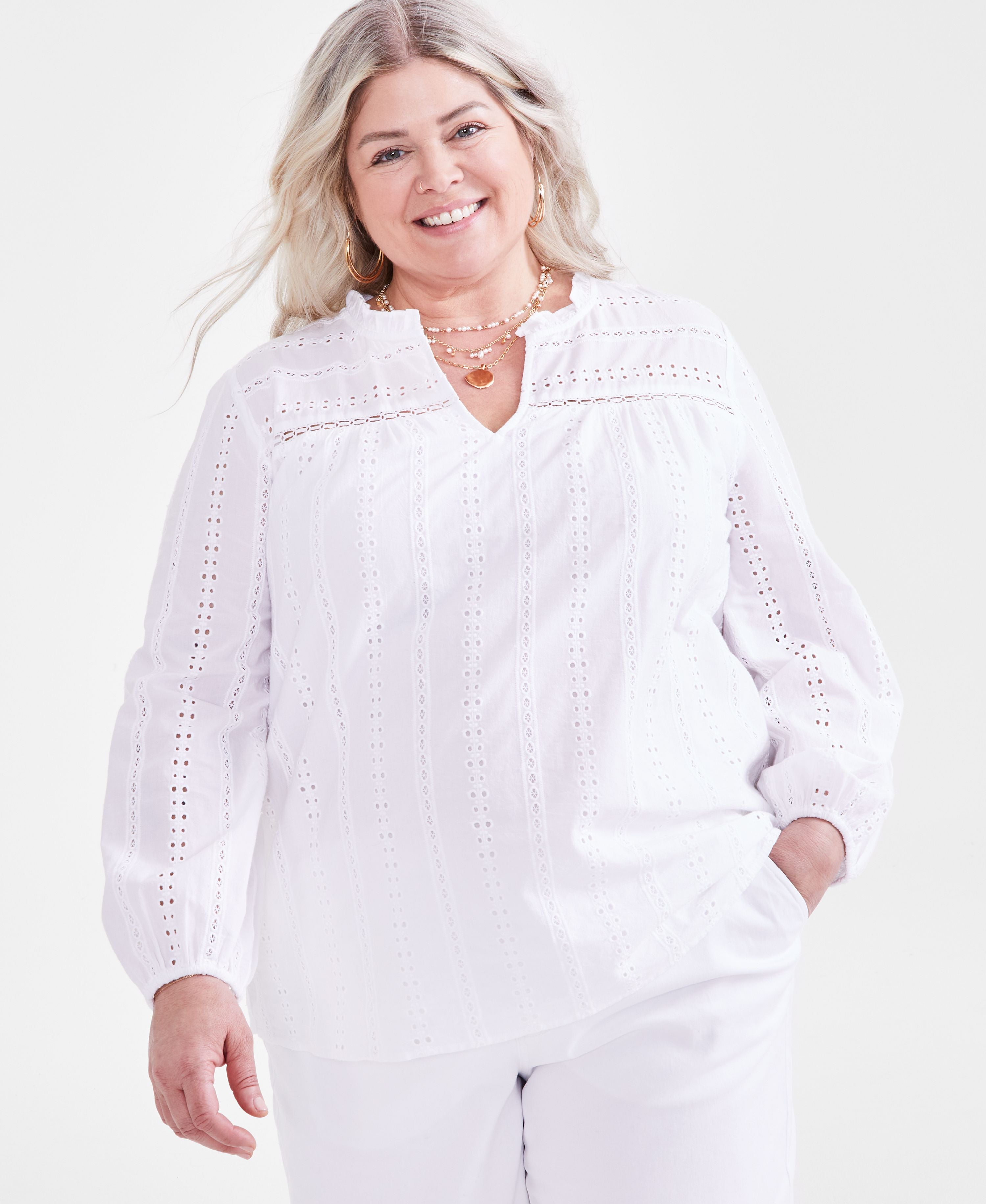 Plus Size Cotton Eyelet-Embroidered Split-Neck Premium Top