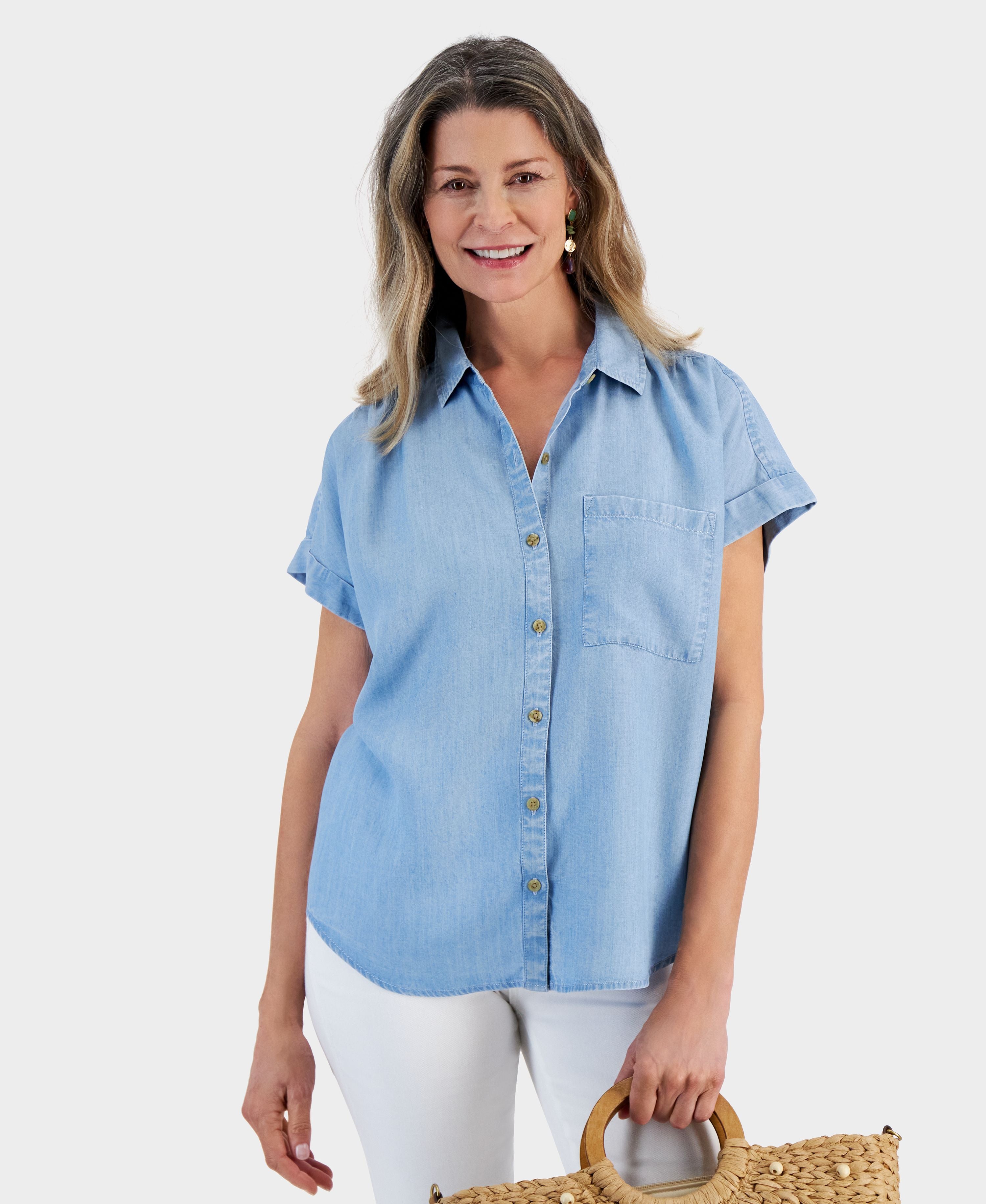 Petite Short-Sleeve Button-Up Premium Top