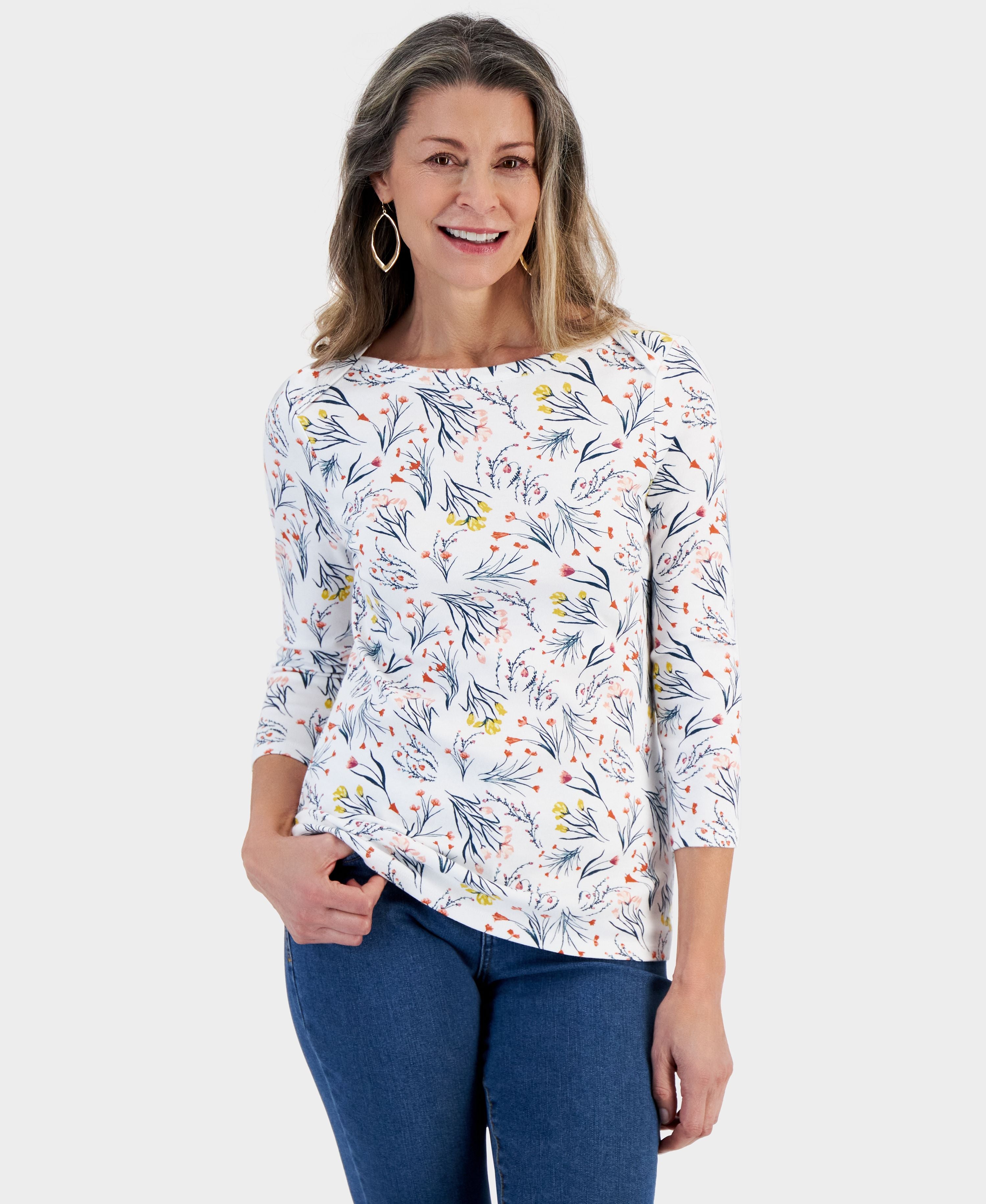 Petite Boat-Neck 3/4-Sleeve Premium Top Shannon Bright White PS