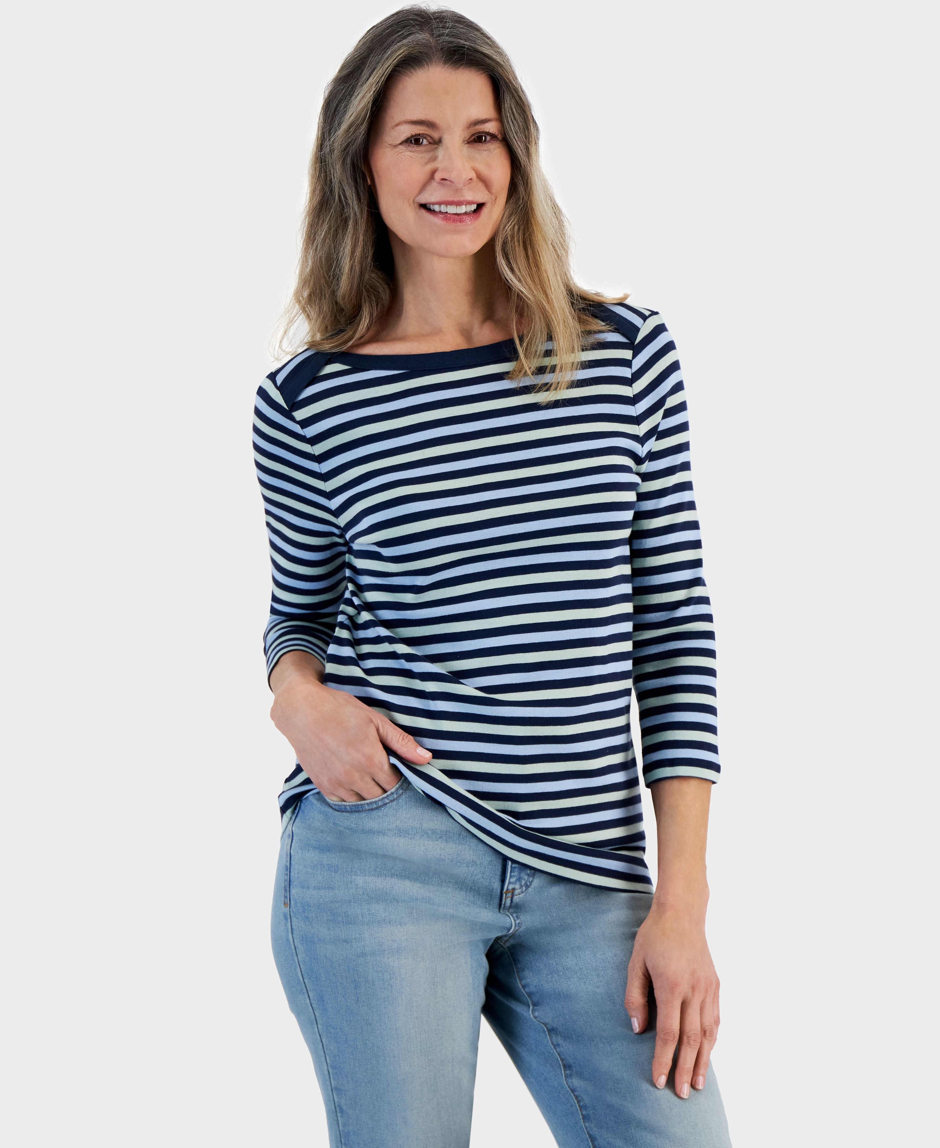 Petite Valerie Striped 3/4-Sleeve Boat-Neck Premium Top