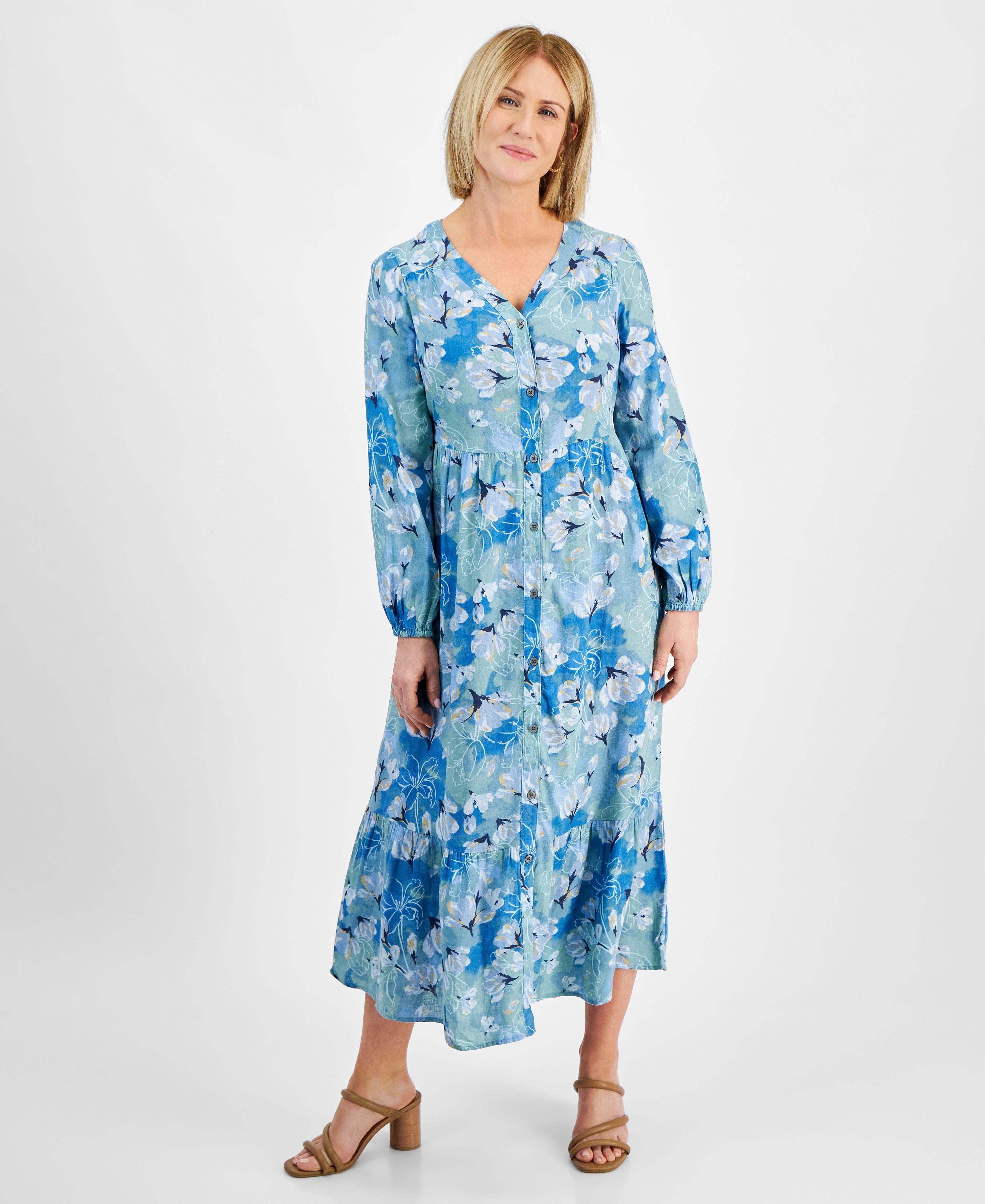 Women's Printed Linen-Blend Tiered Flounce Midi Dress, Regular & Petite