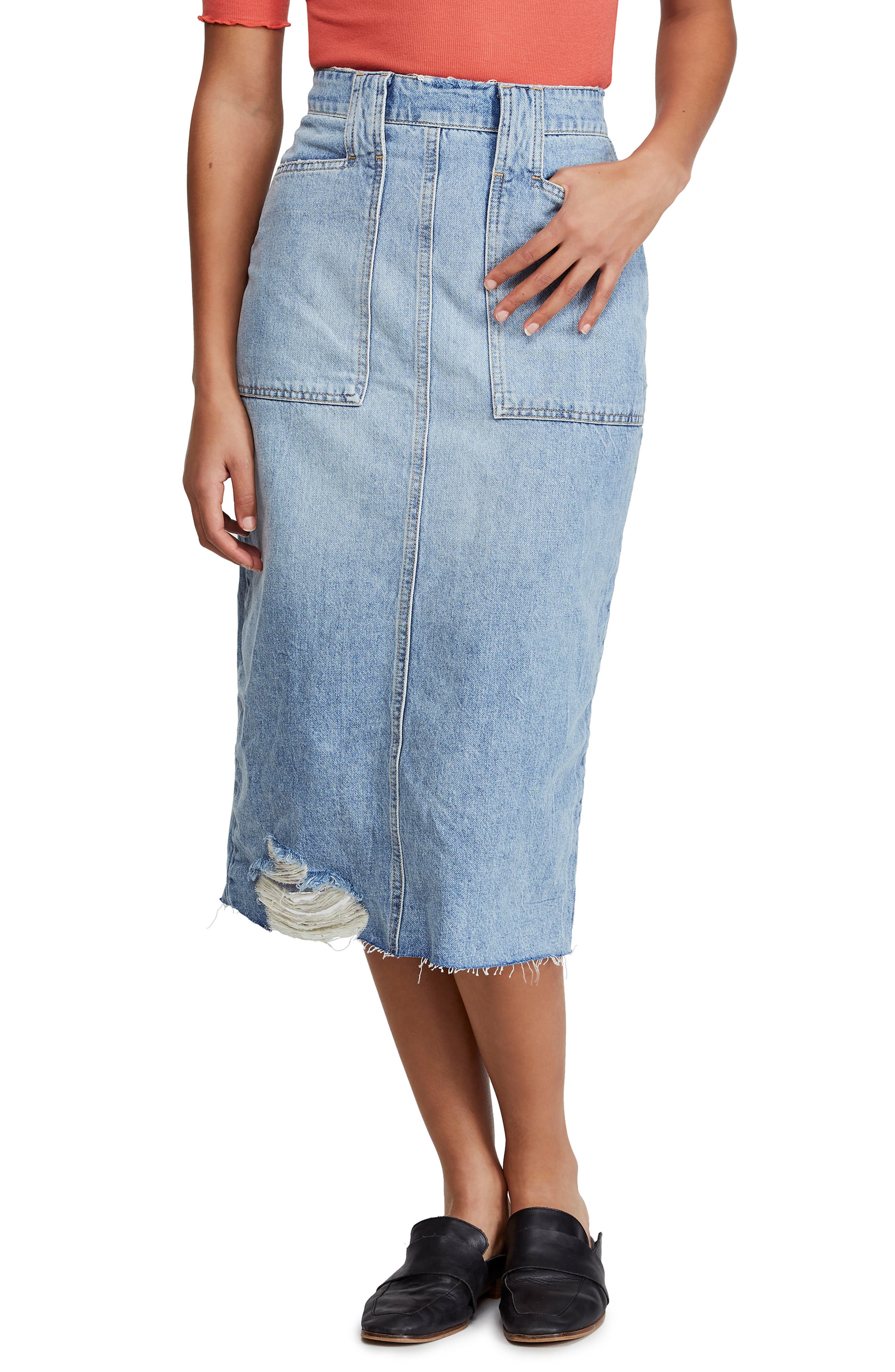 FREE PEOPLE Womens Blue Frayed Below The Knee Modern Skirt