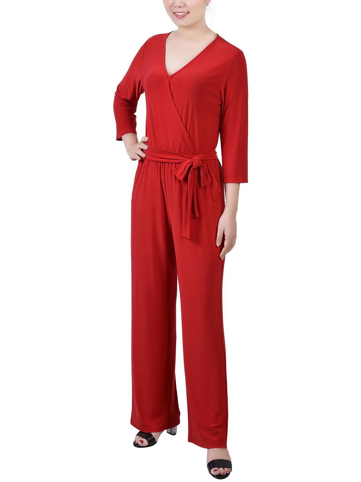 Petite 3/4 Sleeve Belted Wide-Leg Jumpsuit