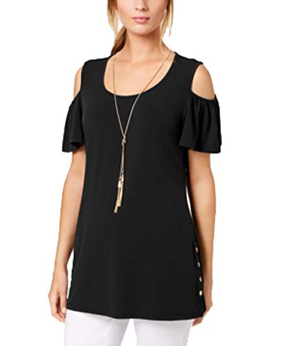JM Collection Cold-Shoulder Necklace Flutter-Sleeve Premium Top (Deep Black, S)