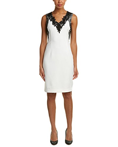 T Tahari Women's Lace V-Neck Crepe Dress, Antique/Black, 4