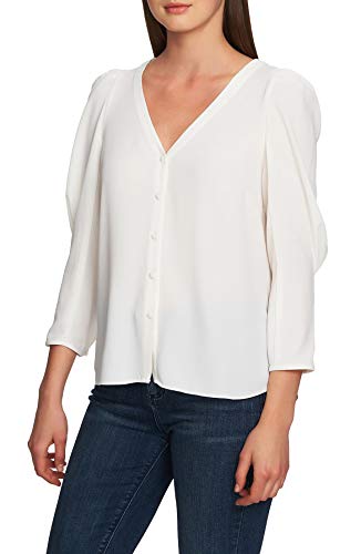 Puff-Sleeve V-Neck Button-Up Premium Top