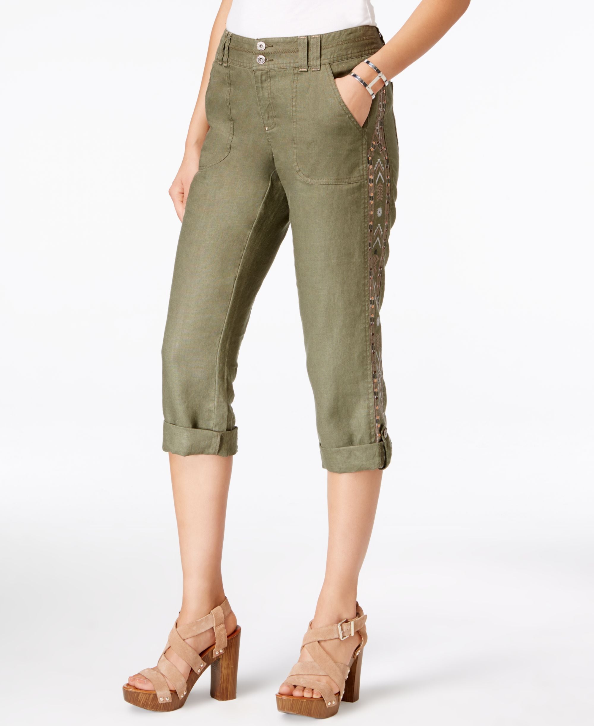 Inc International Concepts Petite Linen-Blend Embellished Cargo