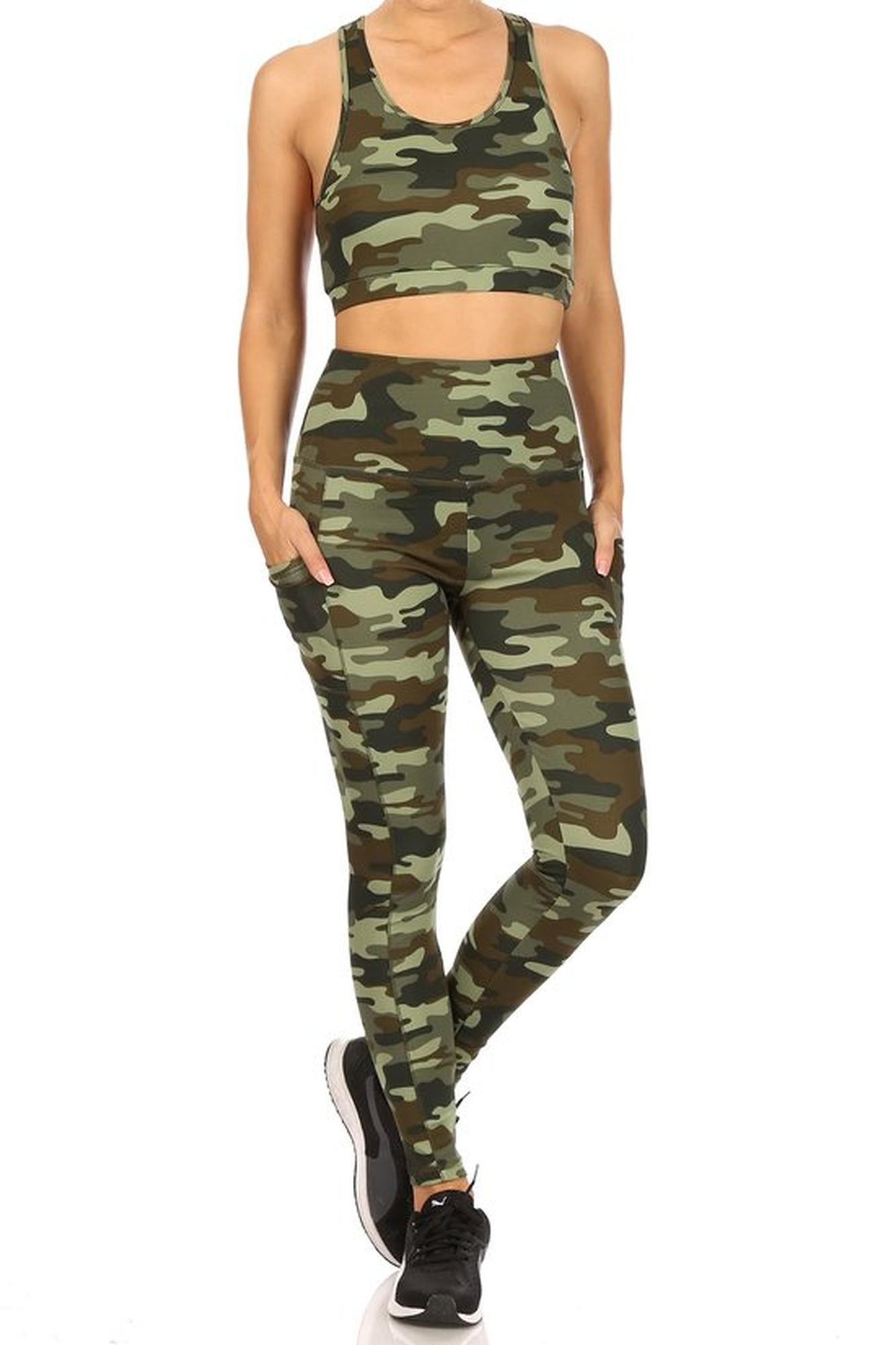 2 Piece Green Camouflage Crop Premium Top and Legging Set