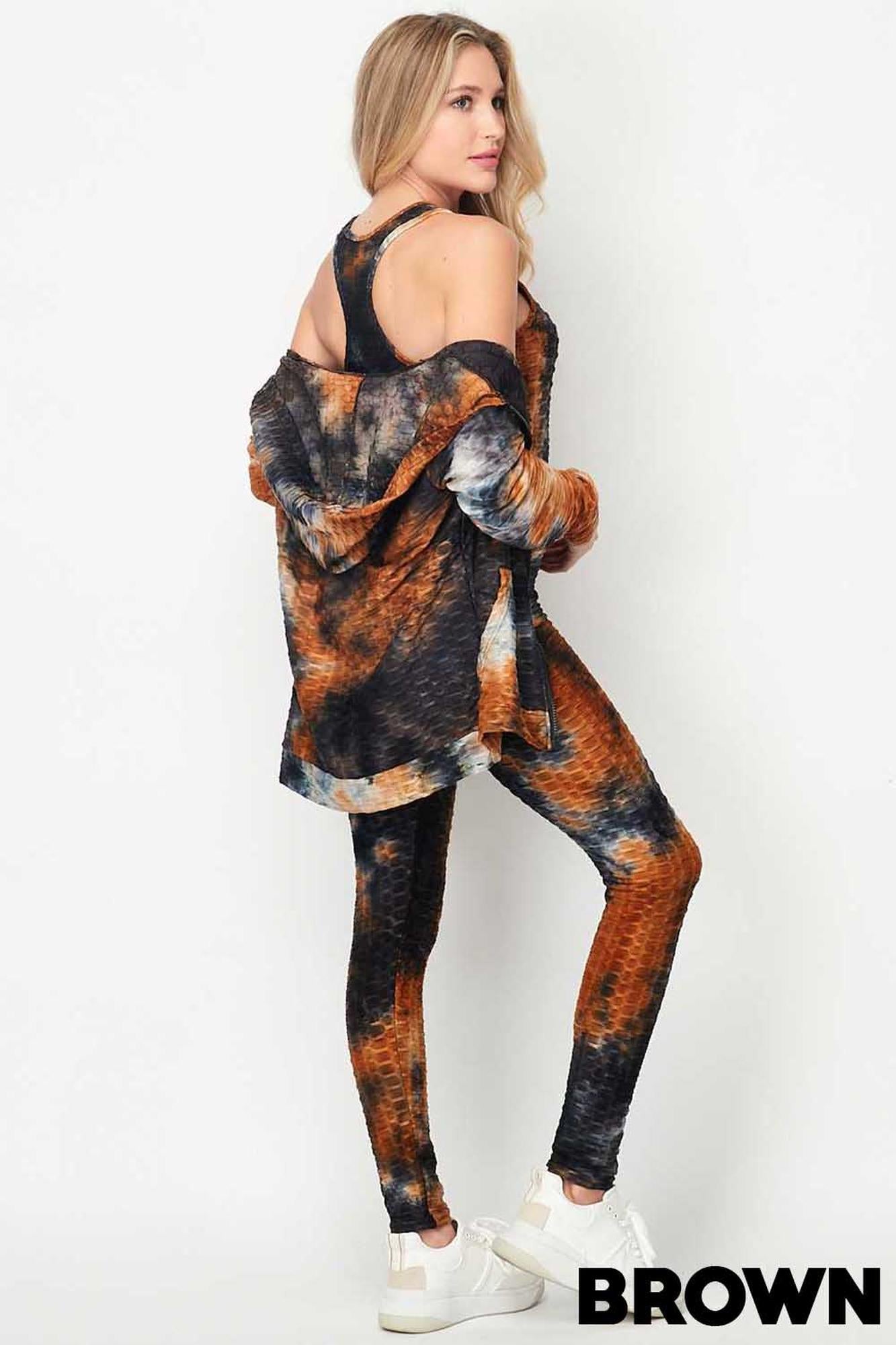 Tie Dye 3 Piece Textured Scrunch Butt Leggings Tank Premium Top and Hoodie Jacket Set